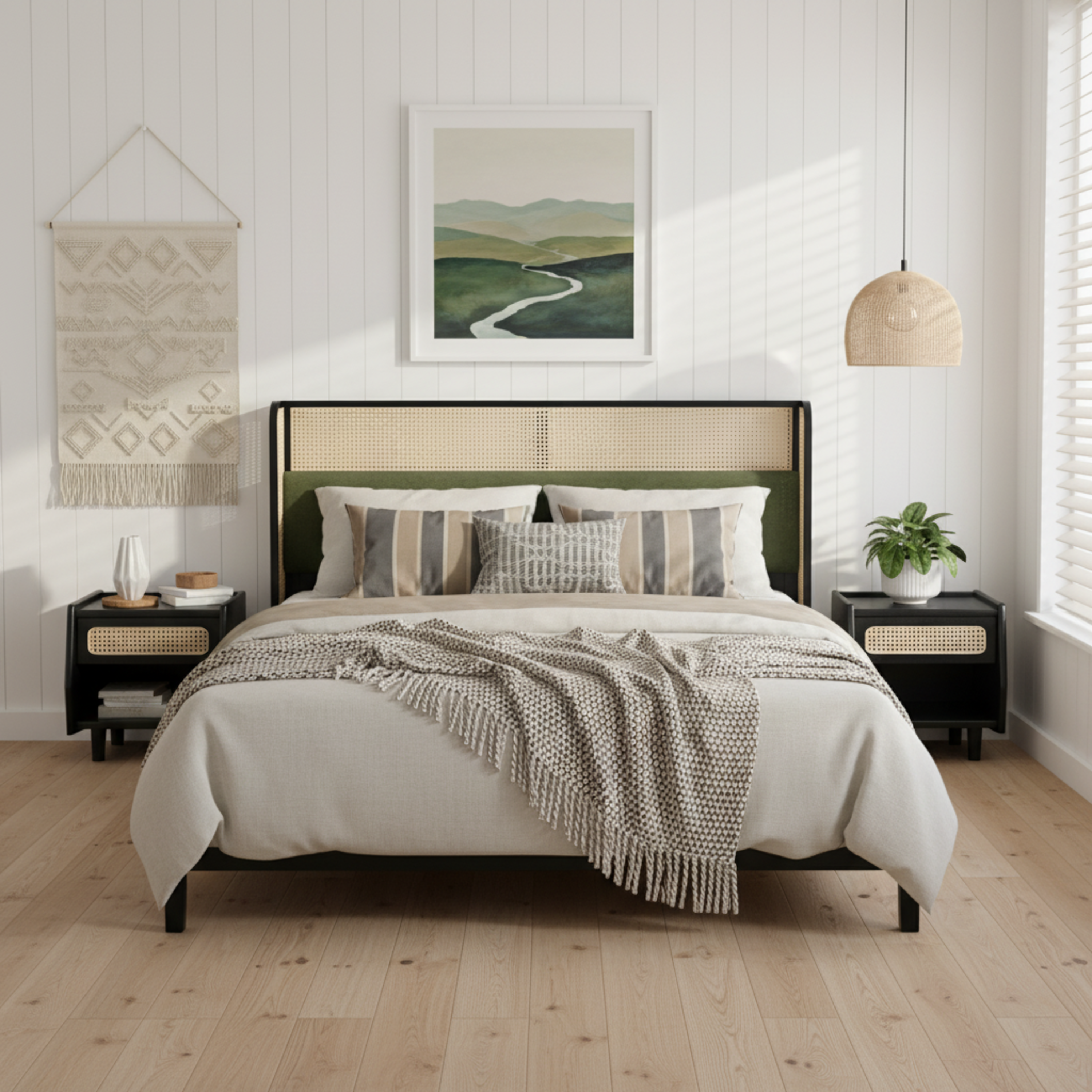 Base de cama tamaño Queen con cabecero verde, madera maciza, no requiere somier