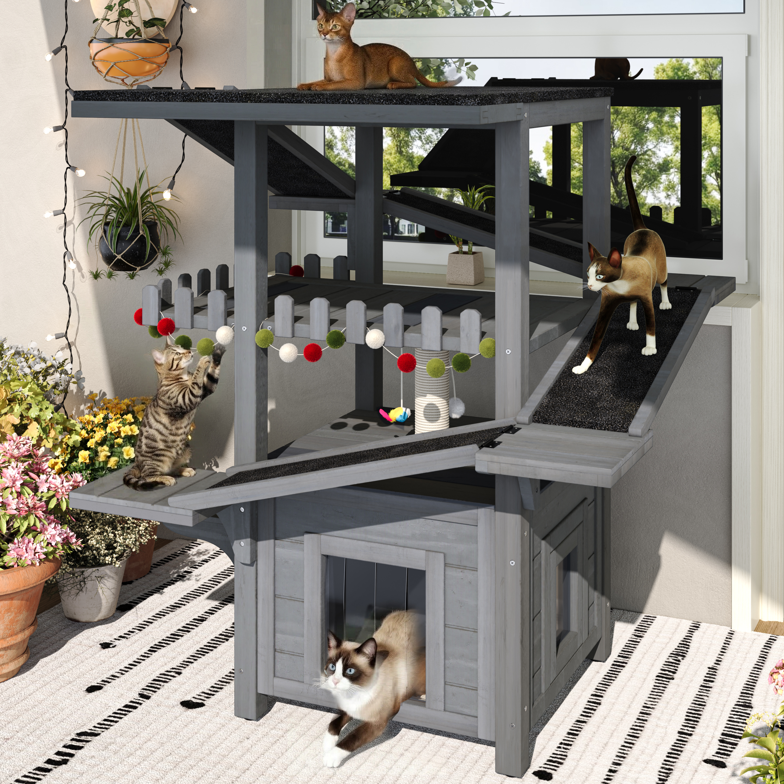 4 Tiers Outdoor Cat House Weatherproof Cat Tree Tower With Waterproof Roof And 2 Doors , Feral Cat Shelter Outside Enclosure, Multi-Level Play Zones With Balcony, For Small Animals, Grey