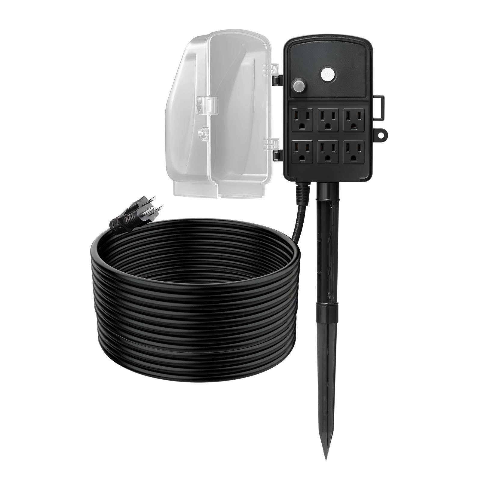 Estaca de corriente para exterior, 6 tomas, 15A, 1875W, cable de 25 pies