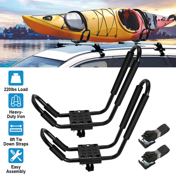 1 par de portakayaks universal tipo J, carga 220 libras, resistente, con 2 correas de amarre