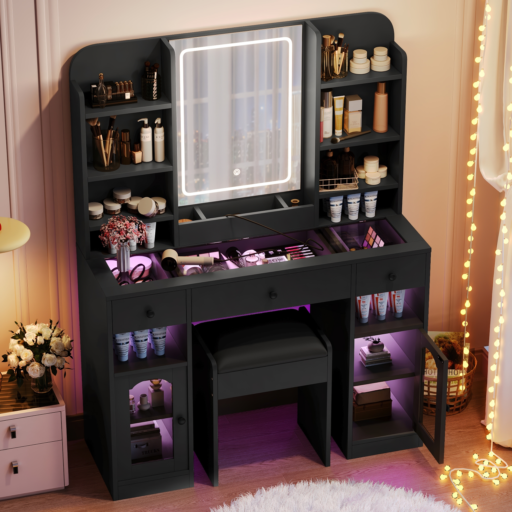 43.2  Vanity Desk With LED Mirror And Lights, Glass Top Vanity With RGB Glass Light Cabinets, Dressing Table With 3 Drawers ,Storage Shelves And Stool For Bedroom, Black