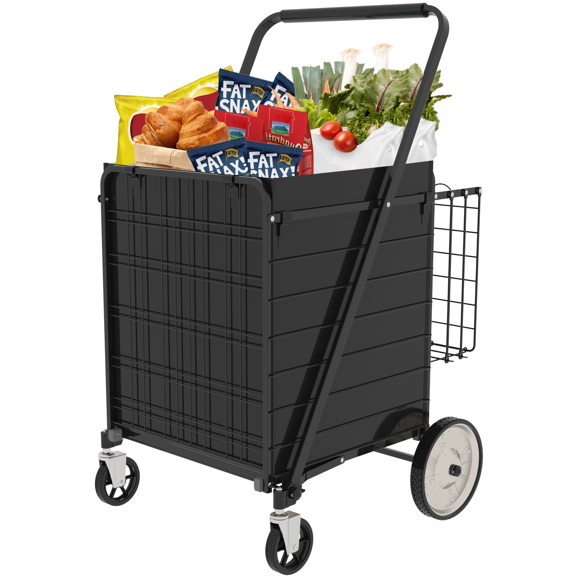 Carro de compras jumbo plegable, con doble cesta y ruedas giratorias 360°