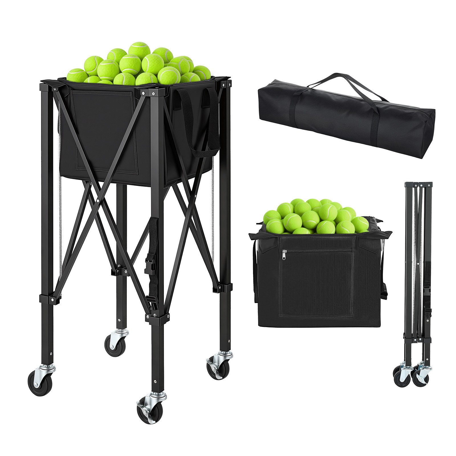 Tennis Ball Hopper, Holds 120 Tennis Balls, Foldable Pickleball Basket Cart With Wheels For Easy Pick Up, Lightweight Aluminum Alloy, Portable Pickleball Caddy With Storage Bag, For Training