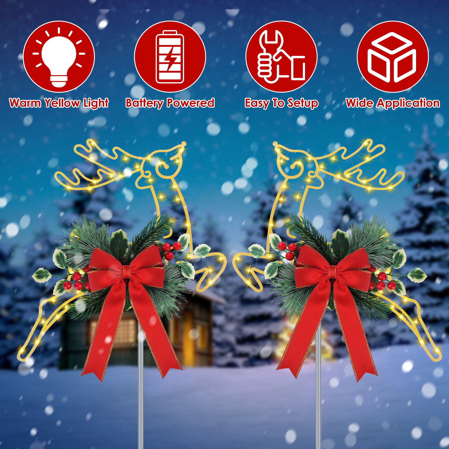 2 renos navideños iluminados con estacas LED a pilas para jardín y exterior