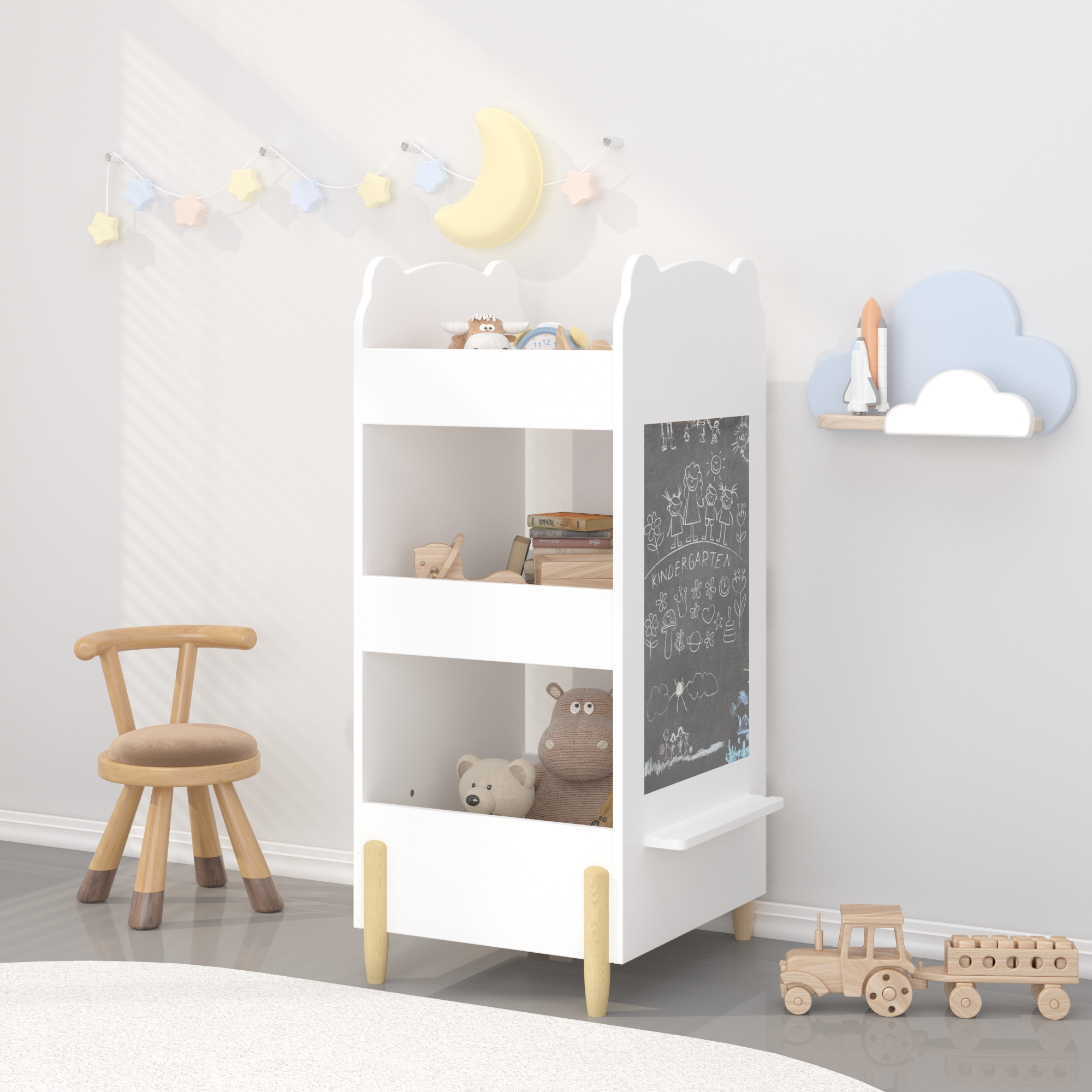 Kids Bookshelf With Chalkboard Side  Bear Shaped Wooden Bookcase With 3 Tier Storage, Drawing Board For Toddlers, Toy And Book Organizer For Playroom Or Bedroom  White