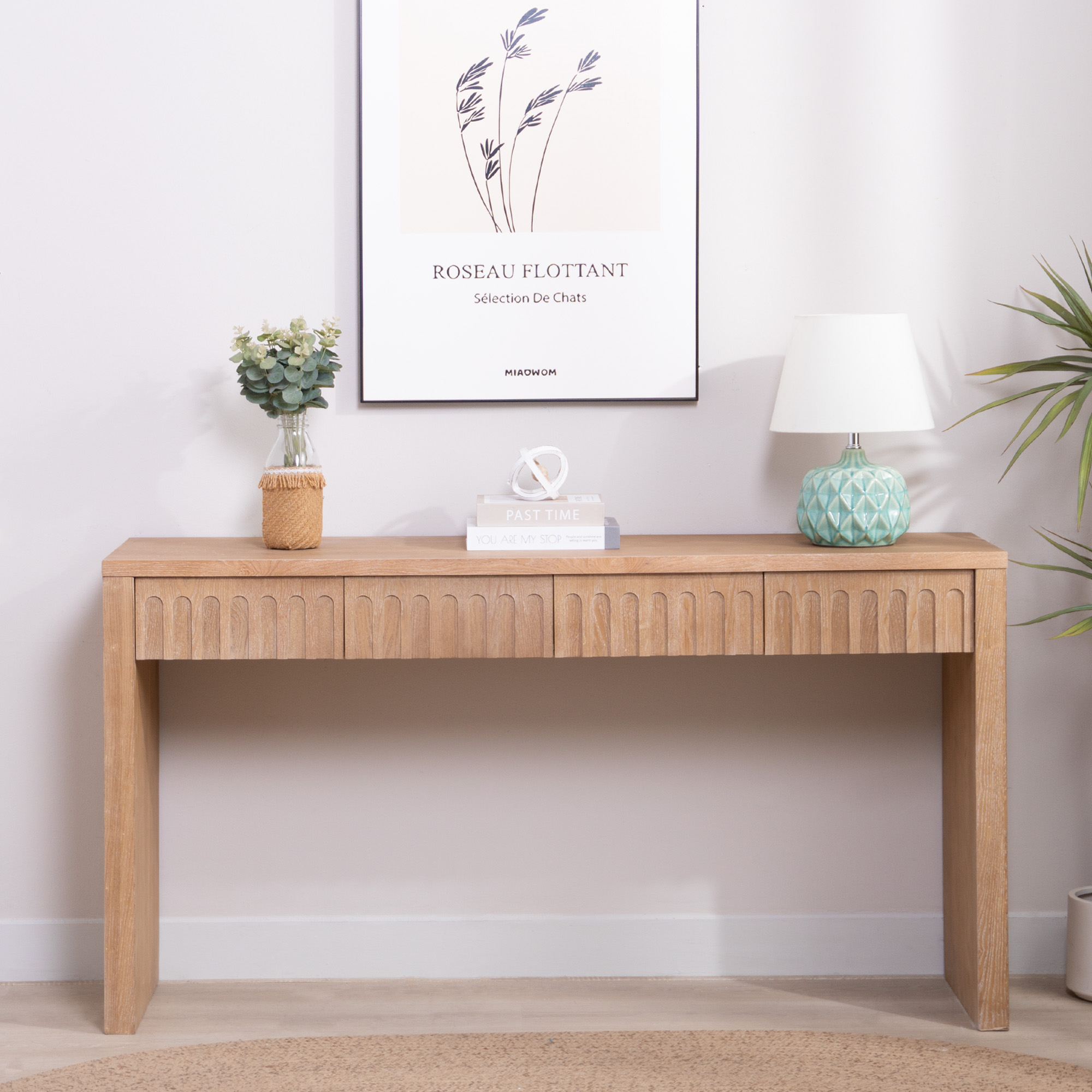 Mesa consola moderna de 59.2 pulgadas con 4 cajones, acabado de madera natural