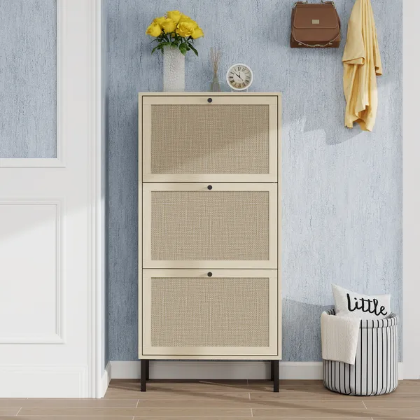 Rattan 3 Door Shoe Rack, Freestanding Modern Shoe Storage Cabinet, For Entryway