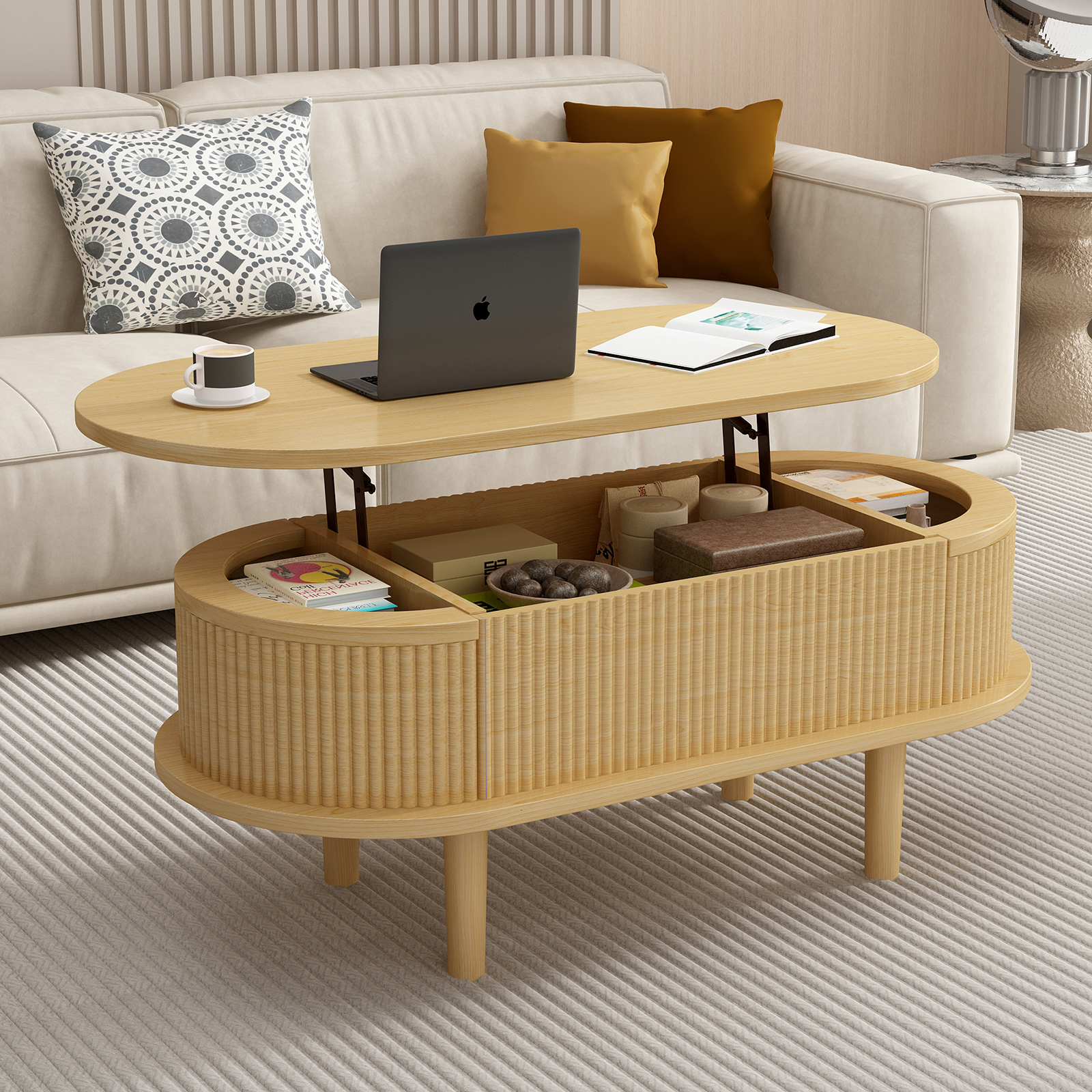 Fluted Lift Top Coffee Table With Hidden Compartment, Wooden Center Table, Modern Oval Lift Tabletop For Home Living Room Office, Natural Color