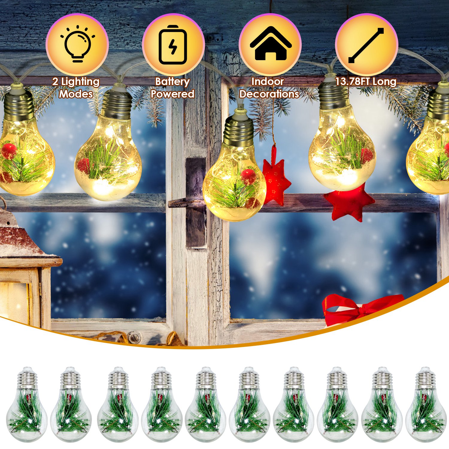 1Pc 13.78FT Christmas Snow Globe String Light Battery Powered 10 LED Bulbs Indoor Christmas Lights With Pine Needles Snowflakes Berries