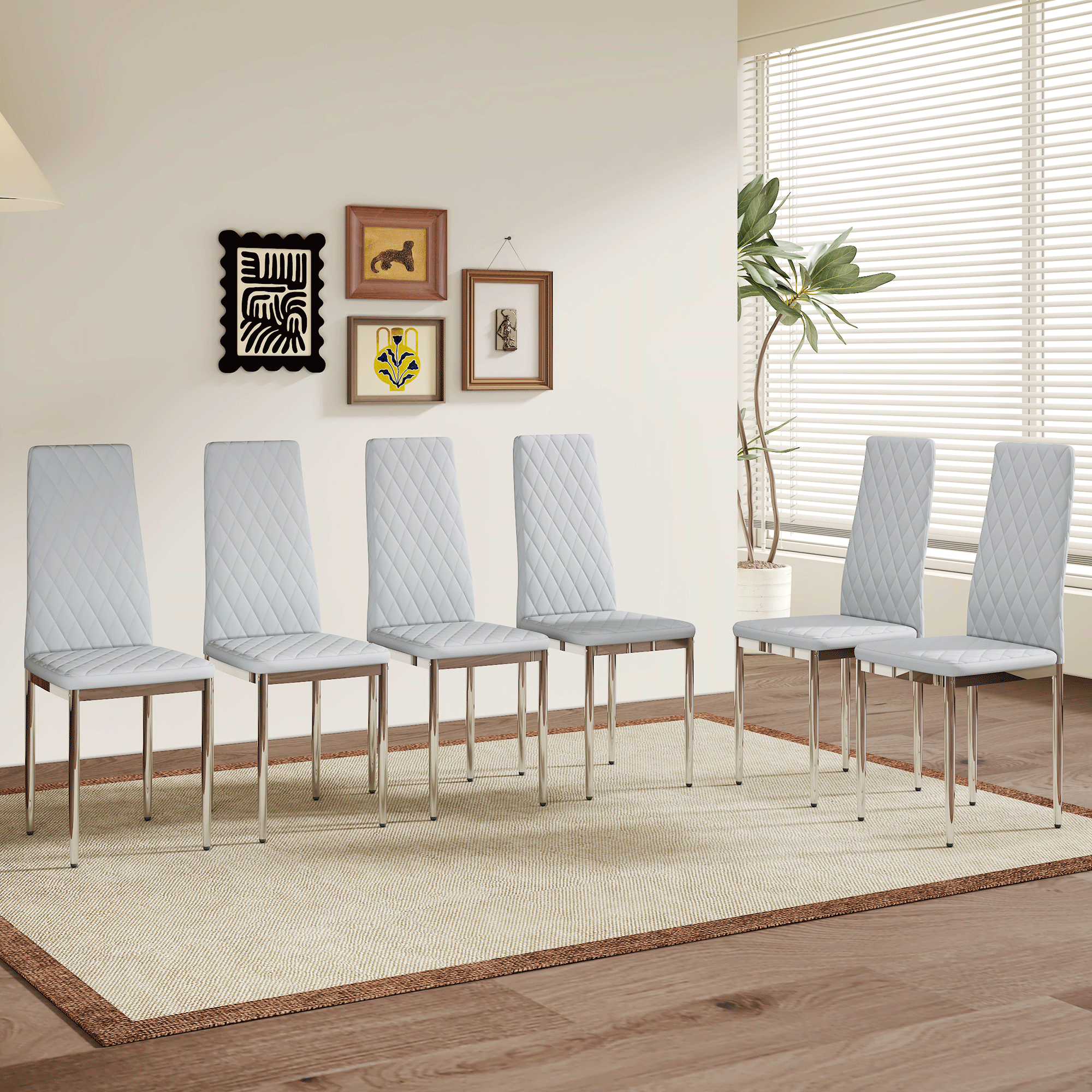 Modern Style Dining Chairs Set Of 6 In Light Gray, Essential For Minimalist Homes.Meeting Family Dining Needs,PU Material Seat,Silver Metal Legs,Blending Into Various Home Environments.W1151107277