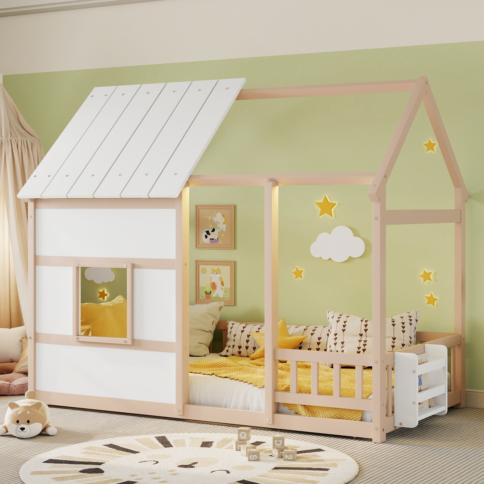 Cama de piso tamaño individual con diseño de casa y luz LED de 7 colores.