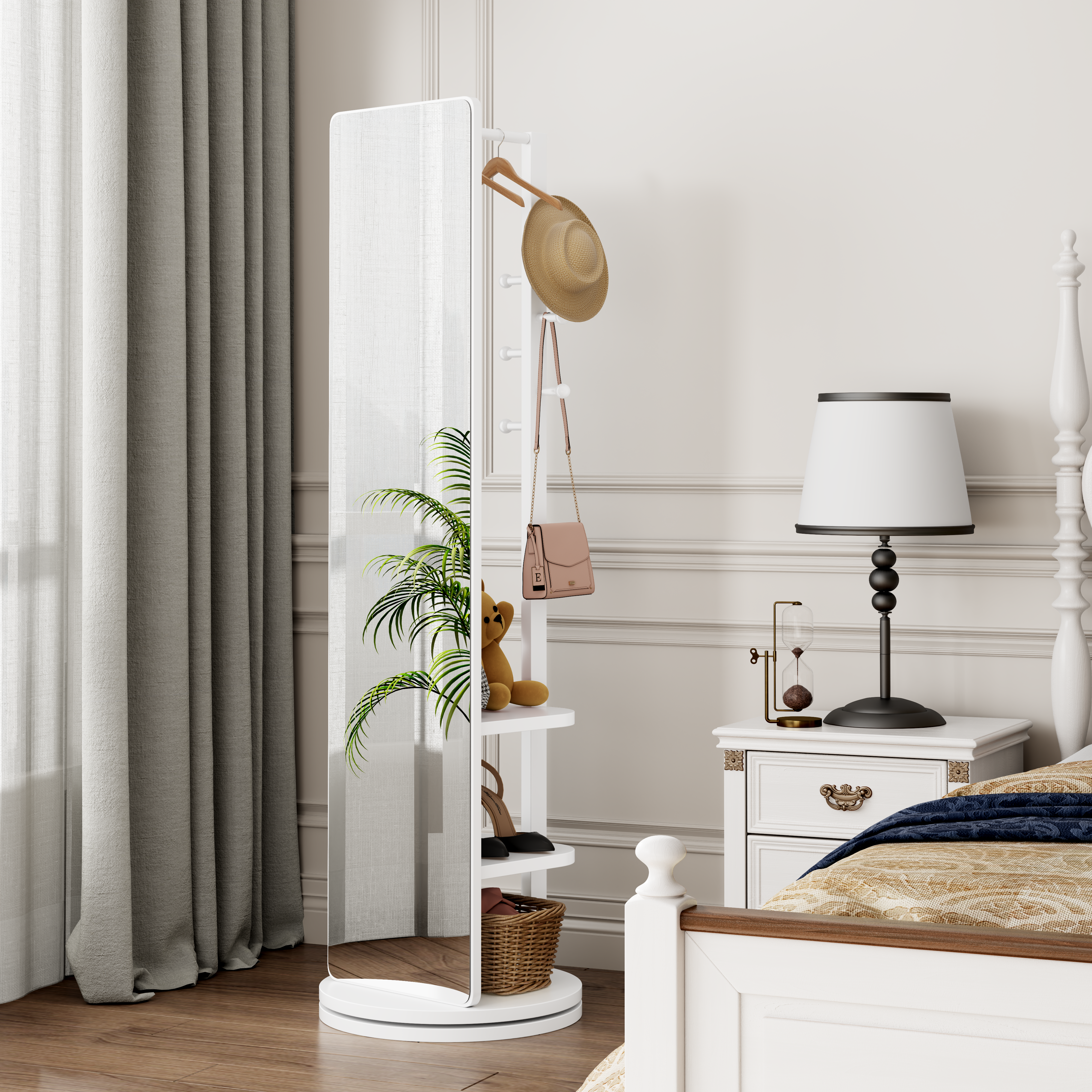 360  Rotating 69x20 Multifunctional Full Length Mirror With Hook Storage Rack Coat Rack With Mirror Solid Wood Floor Mirror Bedroom Living Room Cloakroom Space Saving   White