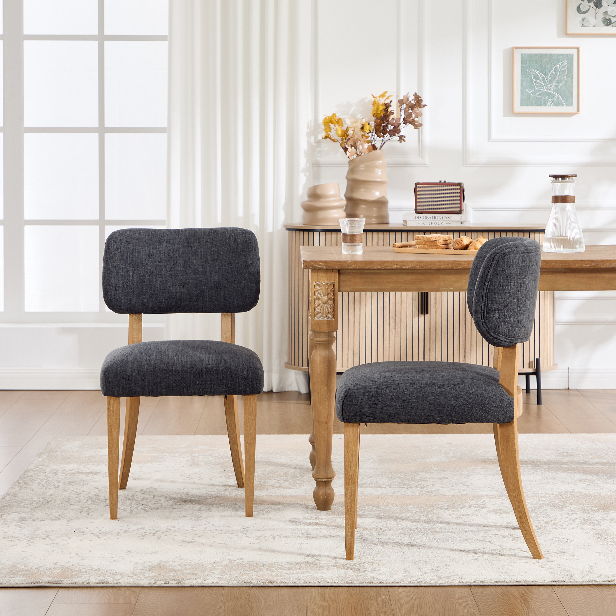 Wooden Dining Chairs Set of 2, Modern Fabric Upholstered Dining Room Chair Kitchen Chairs, Farmhouse Dinner Chair for Kitchen Dining Room