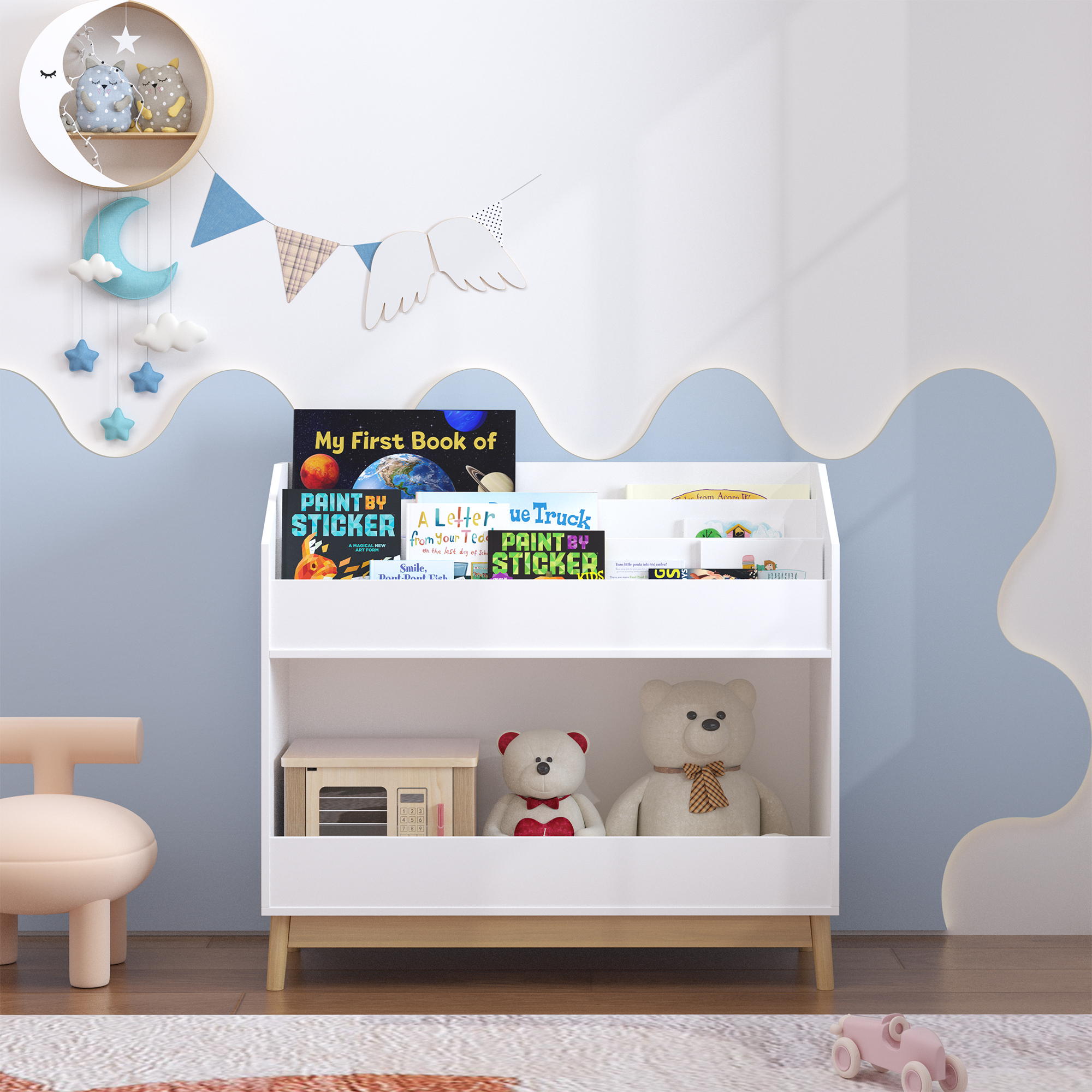 Estantería de madera para libros infantiles con almacenamiento, blanca