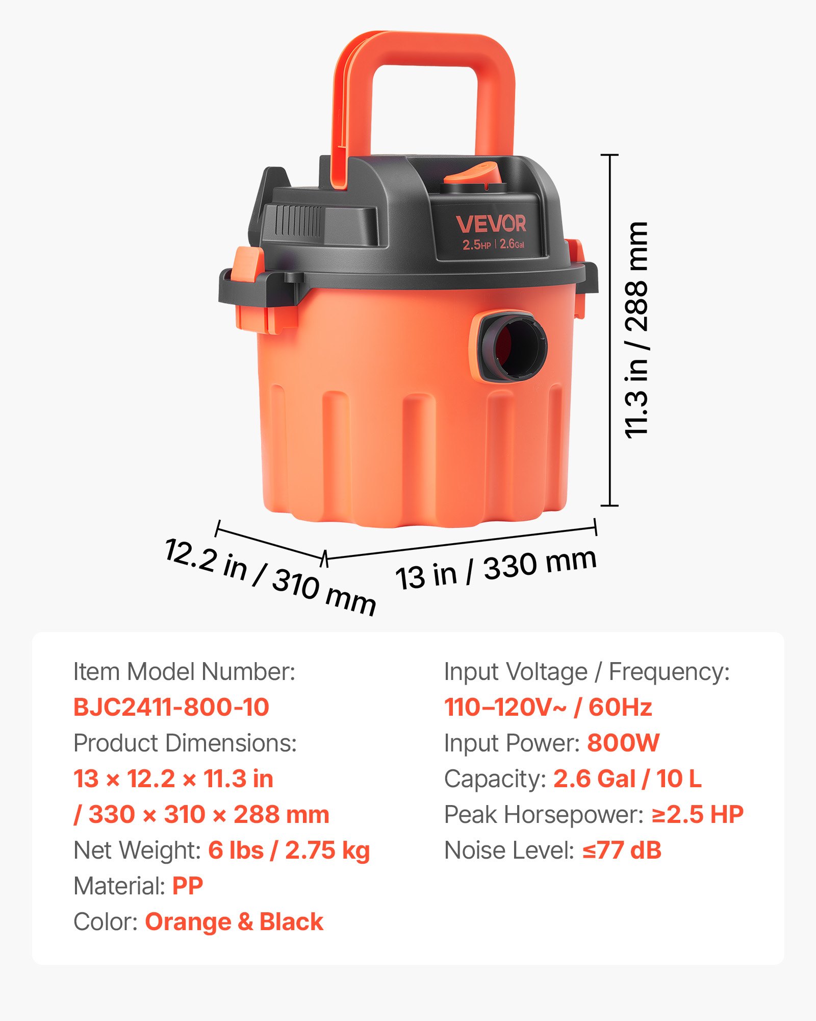 Aspiradora de taller portátil de 2.6 galones, 2.5 HP, 800W, manguera de 4 pies.