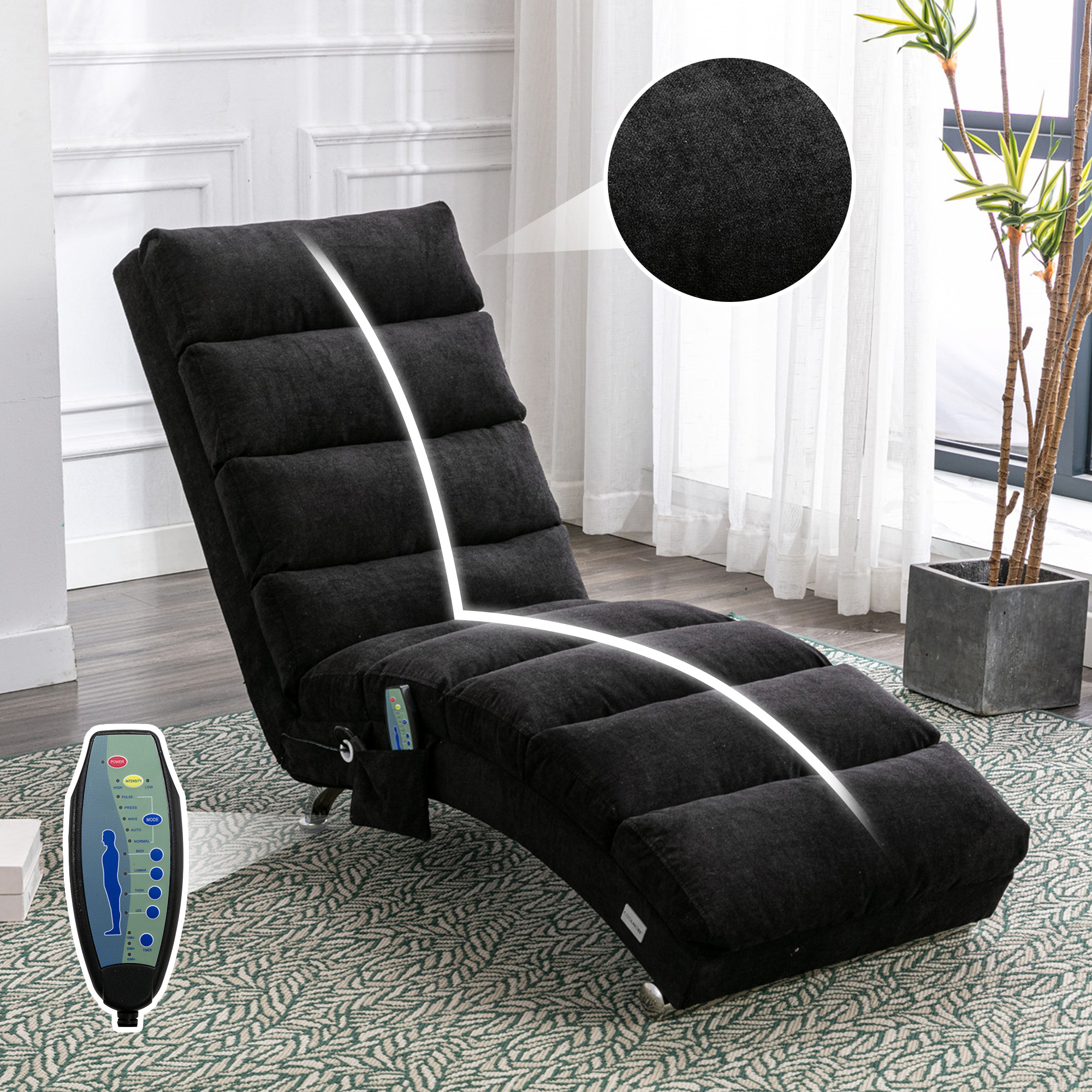 COOLMORE Luxury Upholstered Chaise Lounge Chair With Vibration For Relaxation, Modern Fixed Back Fabric Leisure Recliner Sofa For Living Room Bedroom