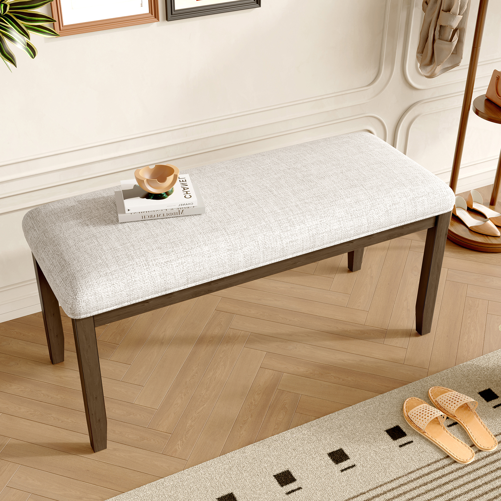 Upholstered Bench For Bedroom End Of Bed,38-inch Entryway Bench For Living Room,Dining Bench With Padded Seat And Solid Wood Leg For Kitchen Bedroom,Indoor And Hallway  Bench, Beige Brown
