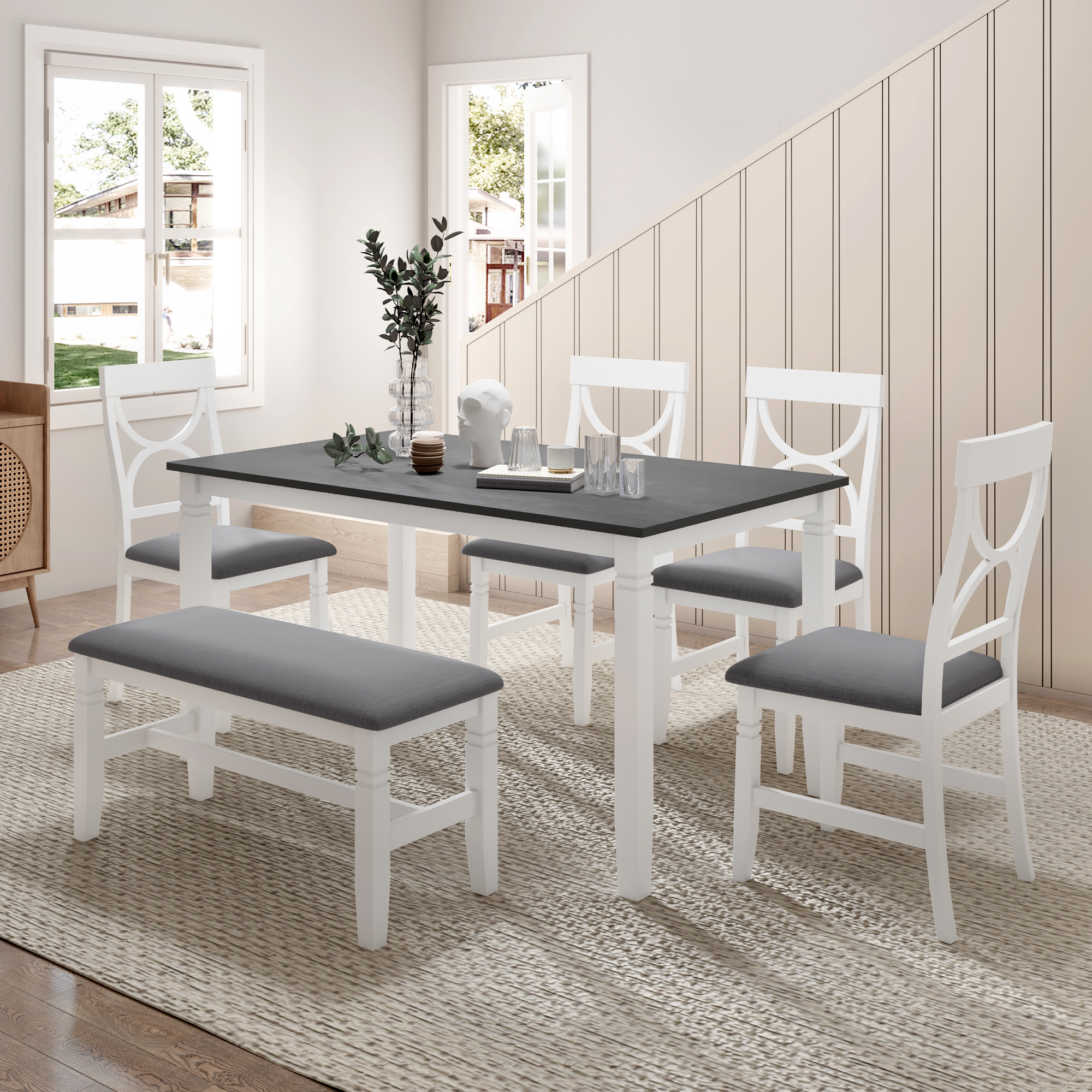 Juego de comedor TOPMAx de 6 piezas, madera, banco tapizado y 4 sillas, gris/blanco.