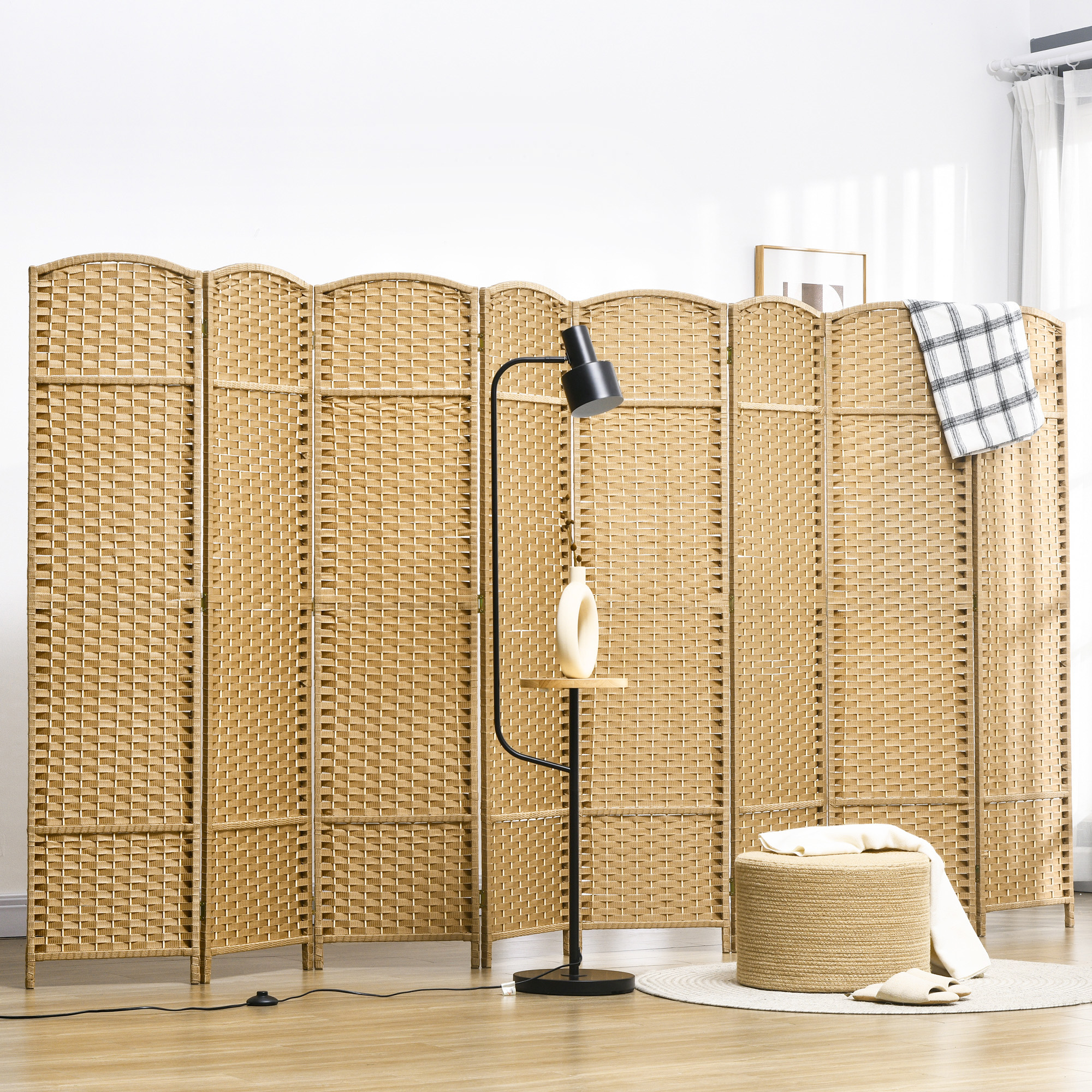 Folding Room Divider Screen 8 Panel 5.6  Tall Privacy Screen Freestanding Room Partition for Home Office, Nature Wood