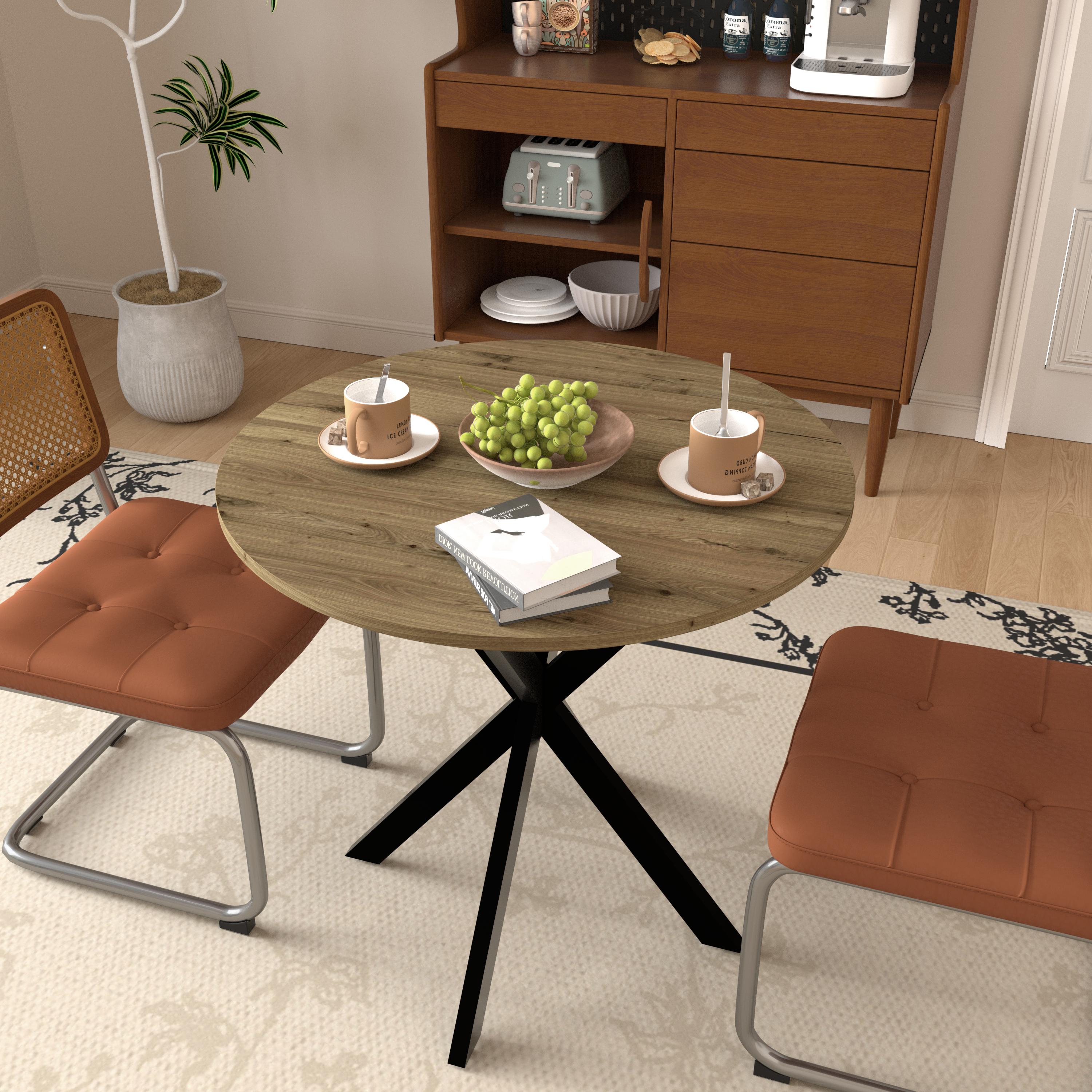 Mesa de comedor redonda de 31.5 pulgadas con patas metálicas negras, para 2-4 personas, marrón