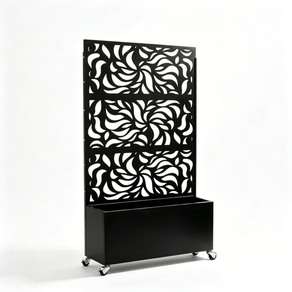 70.87inch Hx46.06inch W Leaf Pattern Privacy Screen With Planter Box, Black Metal Freestanding Decorative Fence Planter For Patio Balcony