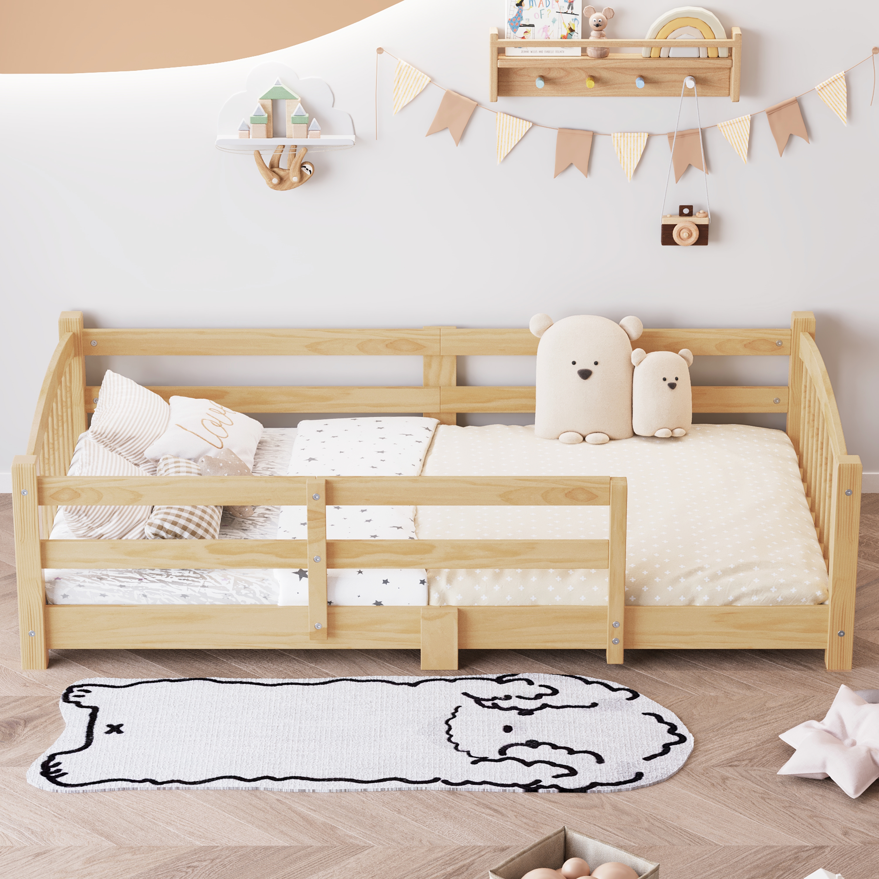 Cama Montessori de piso, tamaño Twin, madera sólida, con barandales, natural
