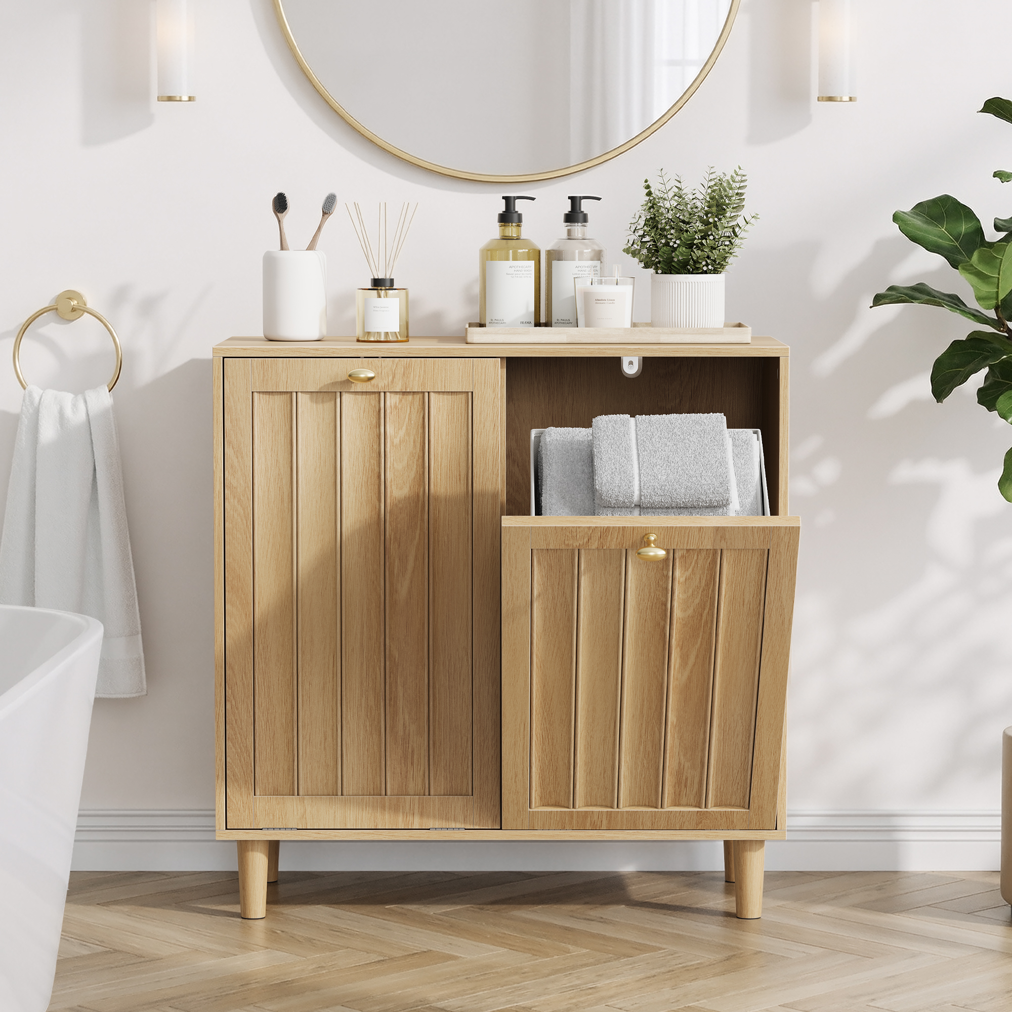 Cesto de ropa inclinado con cesto interior extraíble, para baño, color roble.