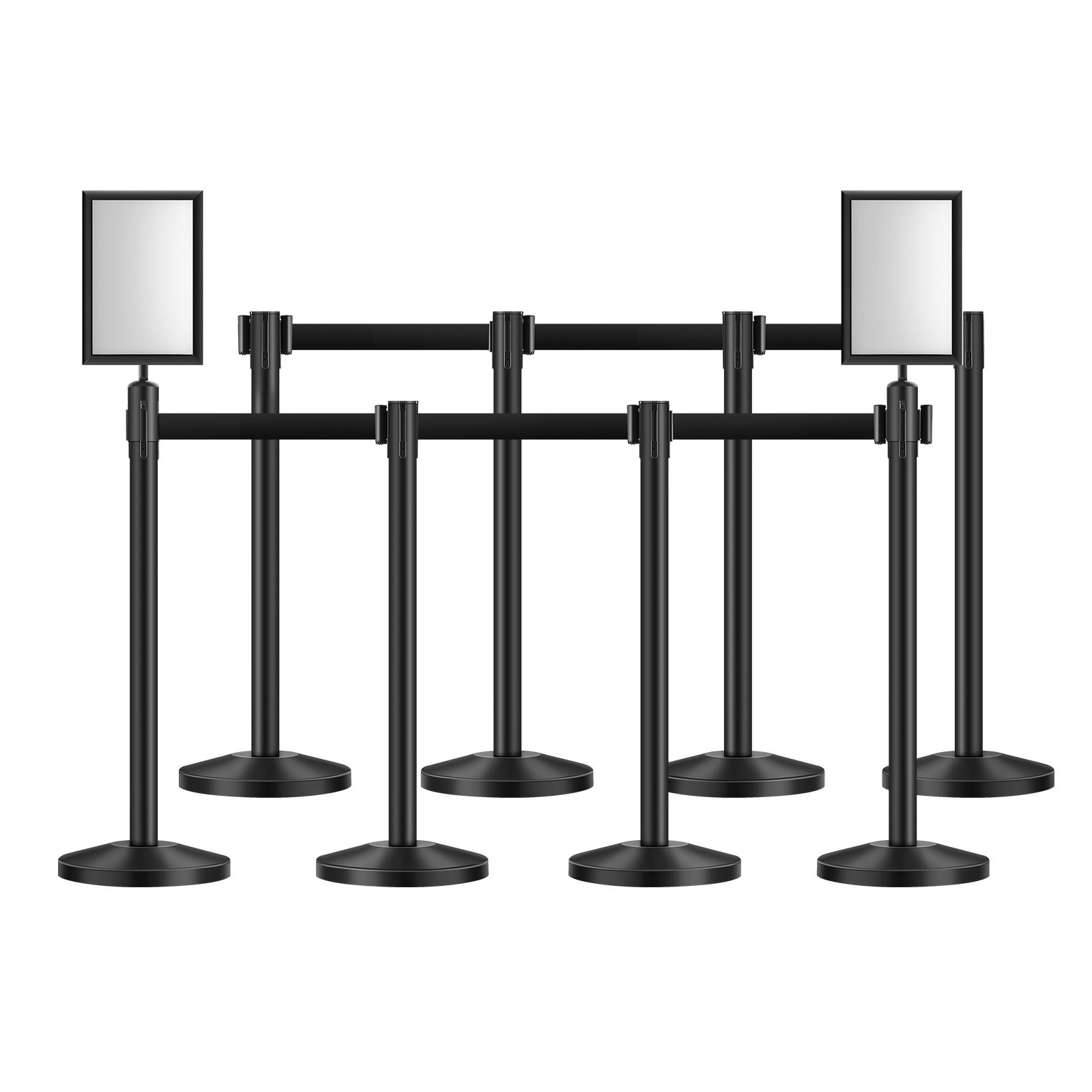 Postes Separadores de Filas (8 pzas) con Cintas Retráctiles, Acero al Carbono Negro.