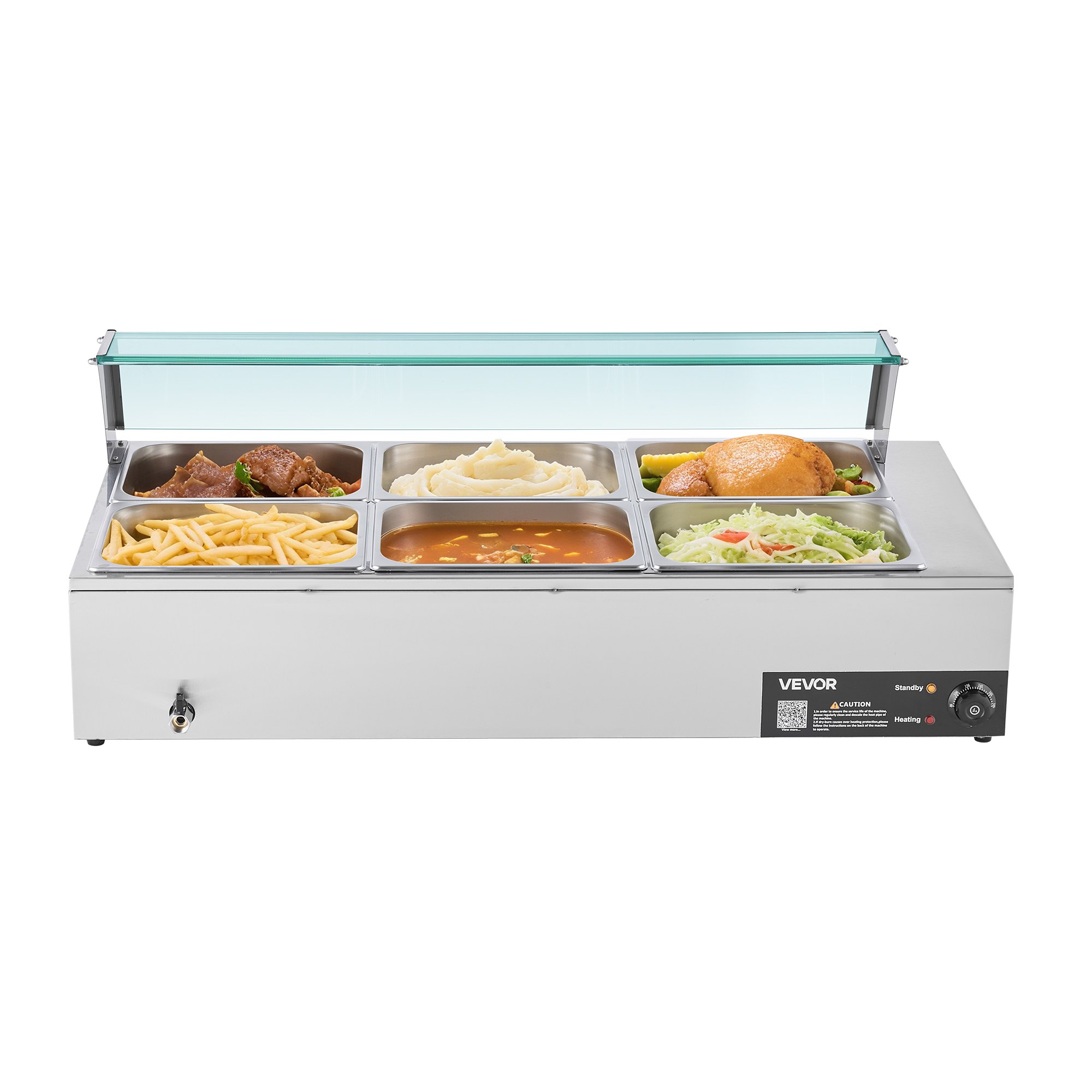 Calentador de alimentos comercial 1500W, acero inoxidable, vapor, 6 bandejas 1/2 tamaño.