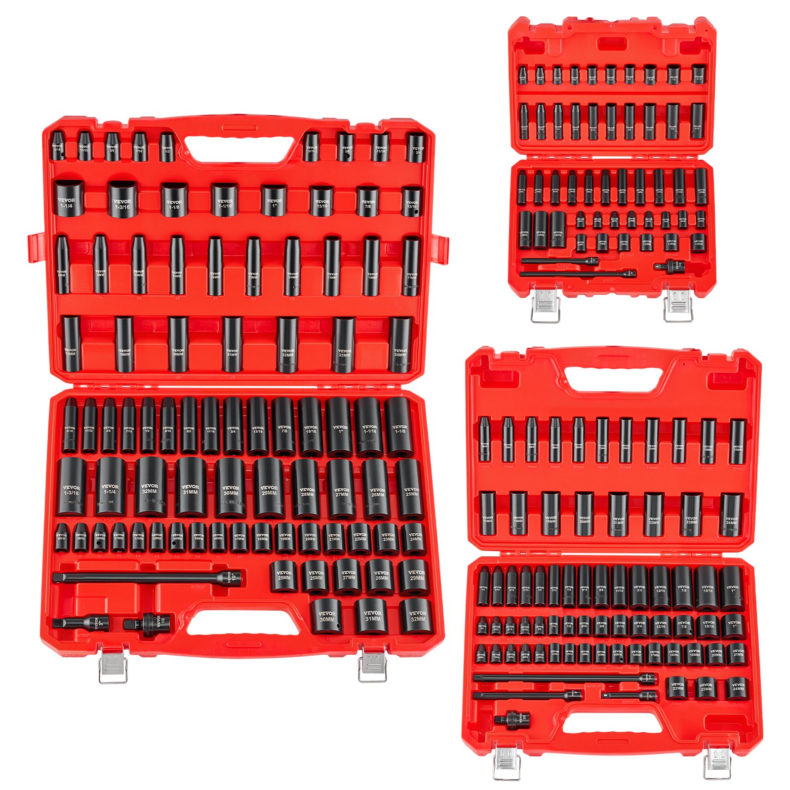 210 Piece Drive Impact Socket Set, 1/4, 3/8, 1/2 Inch, 6 Point Deep & Shallow Impact Sockets, SAE (3/16 To 1-1/4 In) And Metric (4 To 32 Mm) Sizes With Extension Bars, Cr-V Steel, Carrying Case