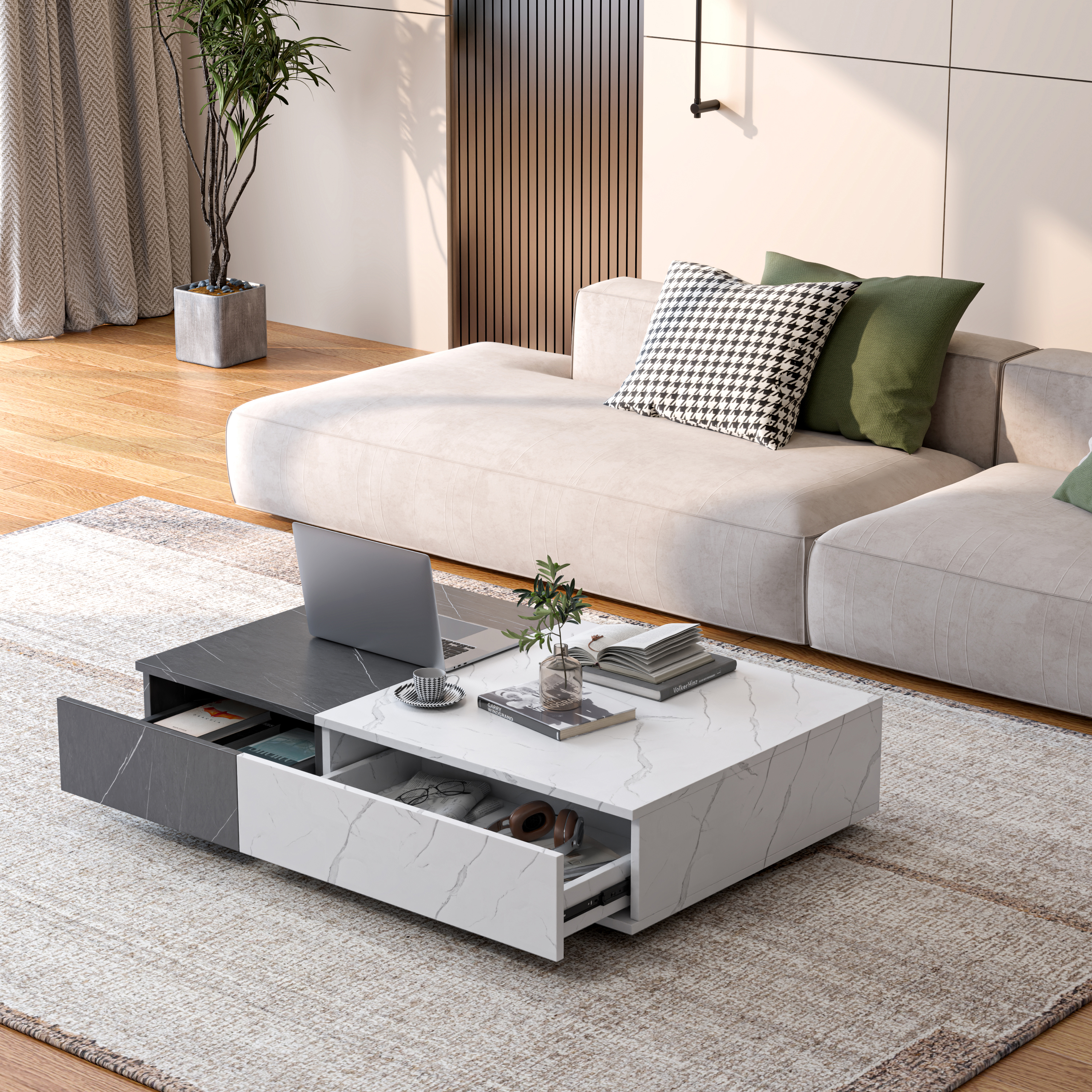 Modern Style Black And White Coffee Table With Two Storage Spaces
