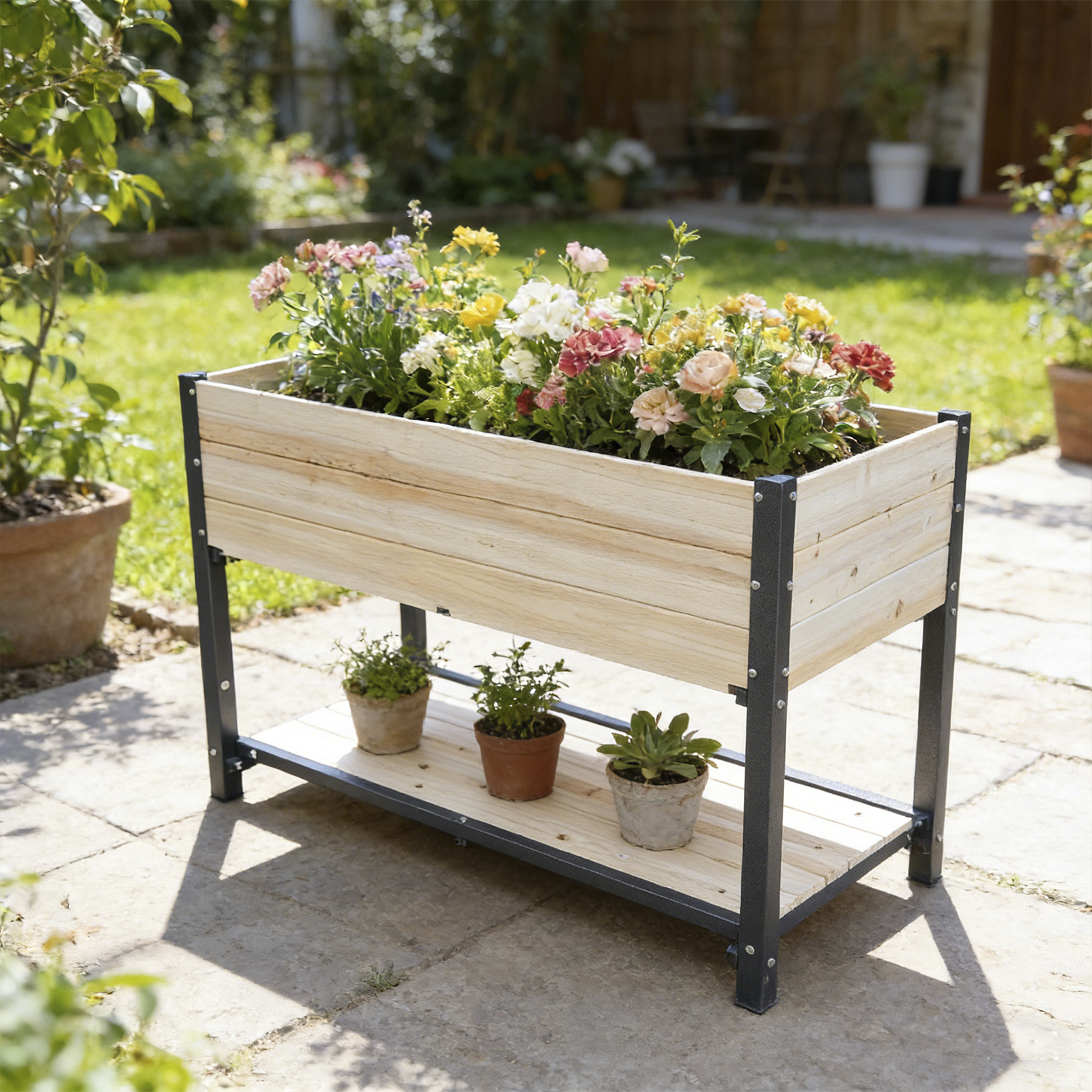 New Style  Solid Wood & Iron Frame Raised Garden Bed - Reversible & Replaceable Wood Panels, No Paint Formaldehyde, DIY Planter Box For Vegetables, Fruits, Flowers