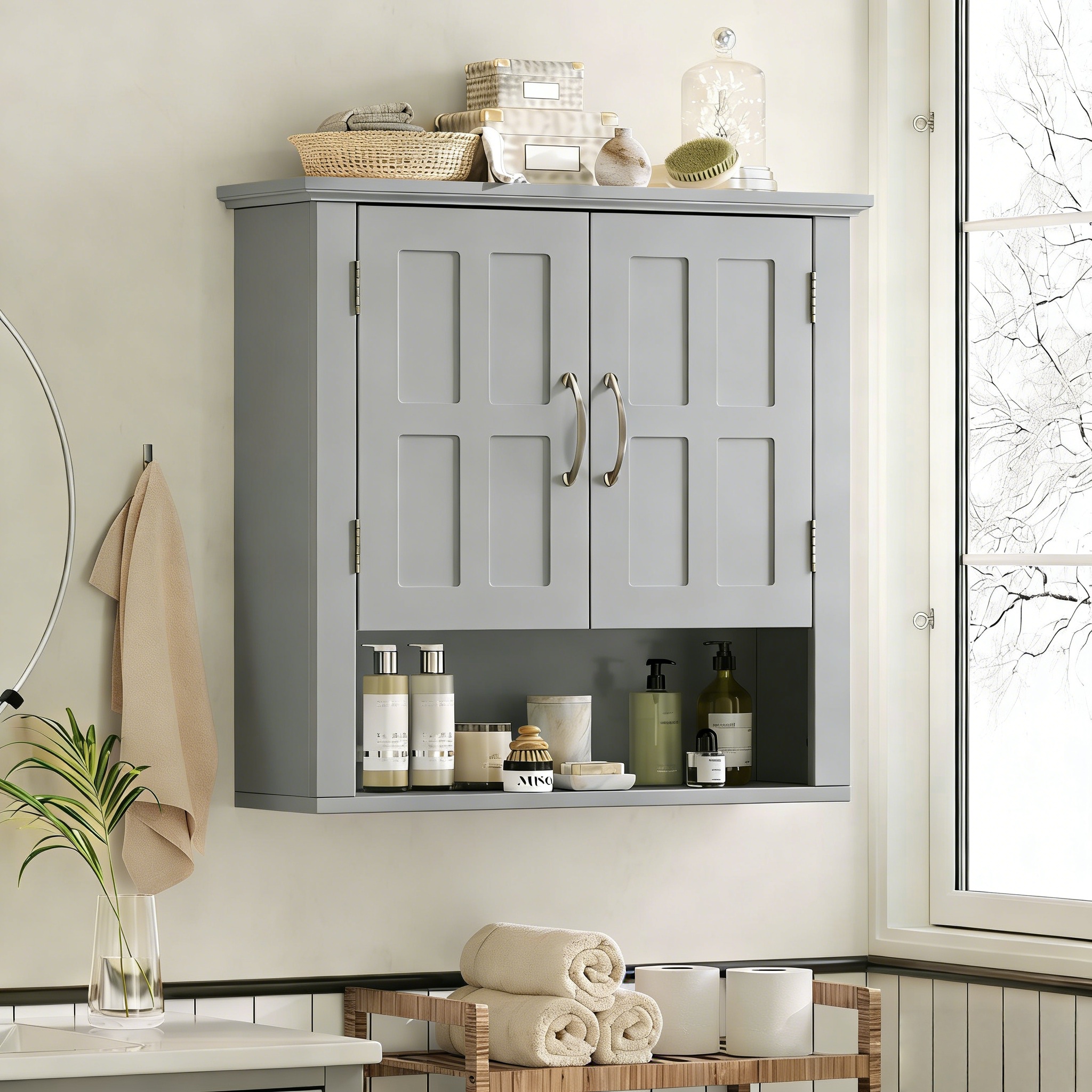 Gabinete de almacenamiento de pared multifuncional con estantes ajustables, gris