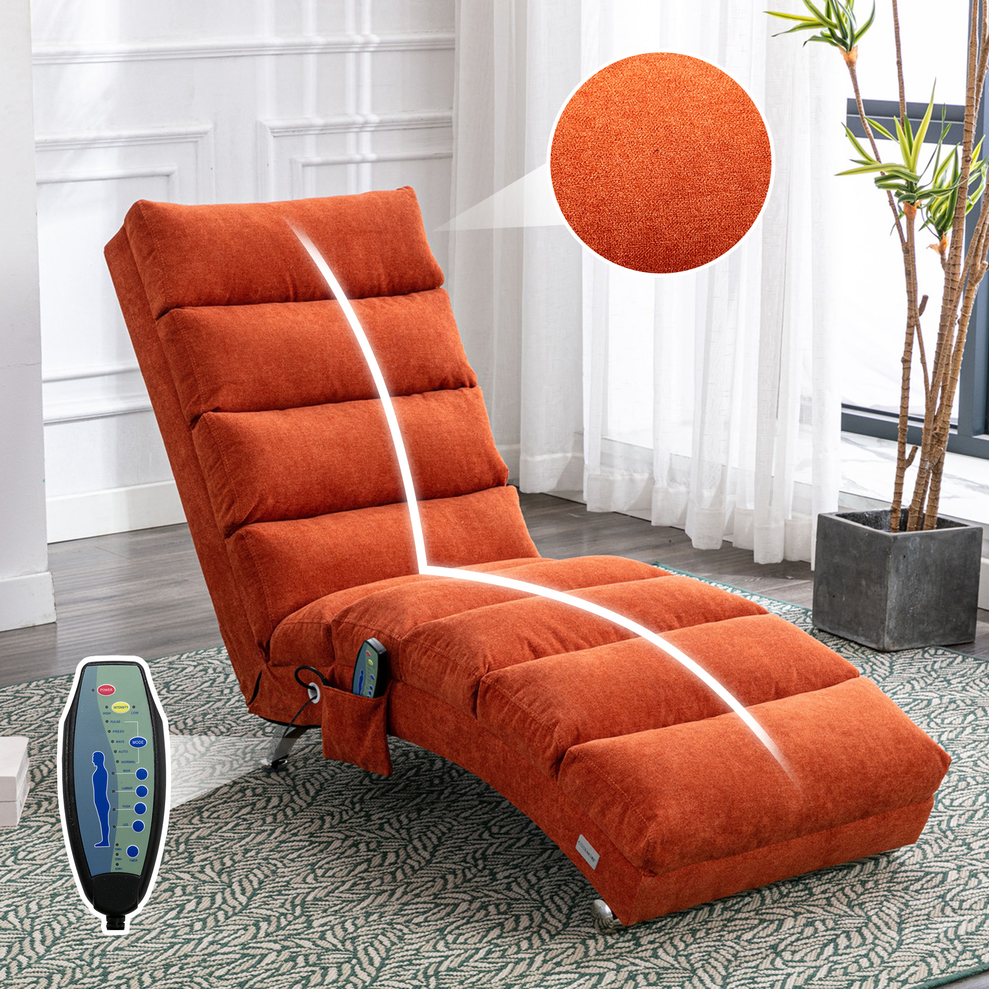 COOLMORE Luxury Upholstered Chaise Lounge Chair With Vibration For Relaxation, Modern Fixed Back Fabric Leisure Recliner Sofa For Living Room Bedroom