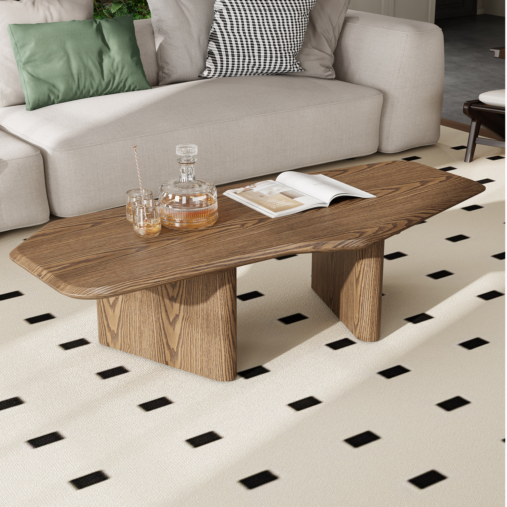 47.2 Inches Free Form Rustic Ash Wood Veneer Coffee Table For Small Living Room