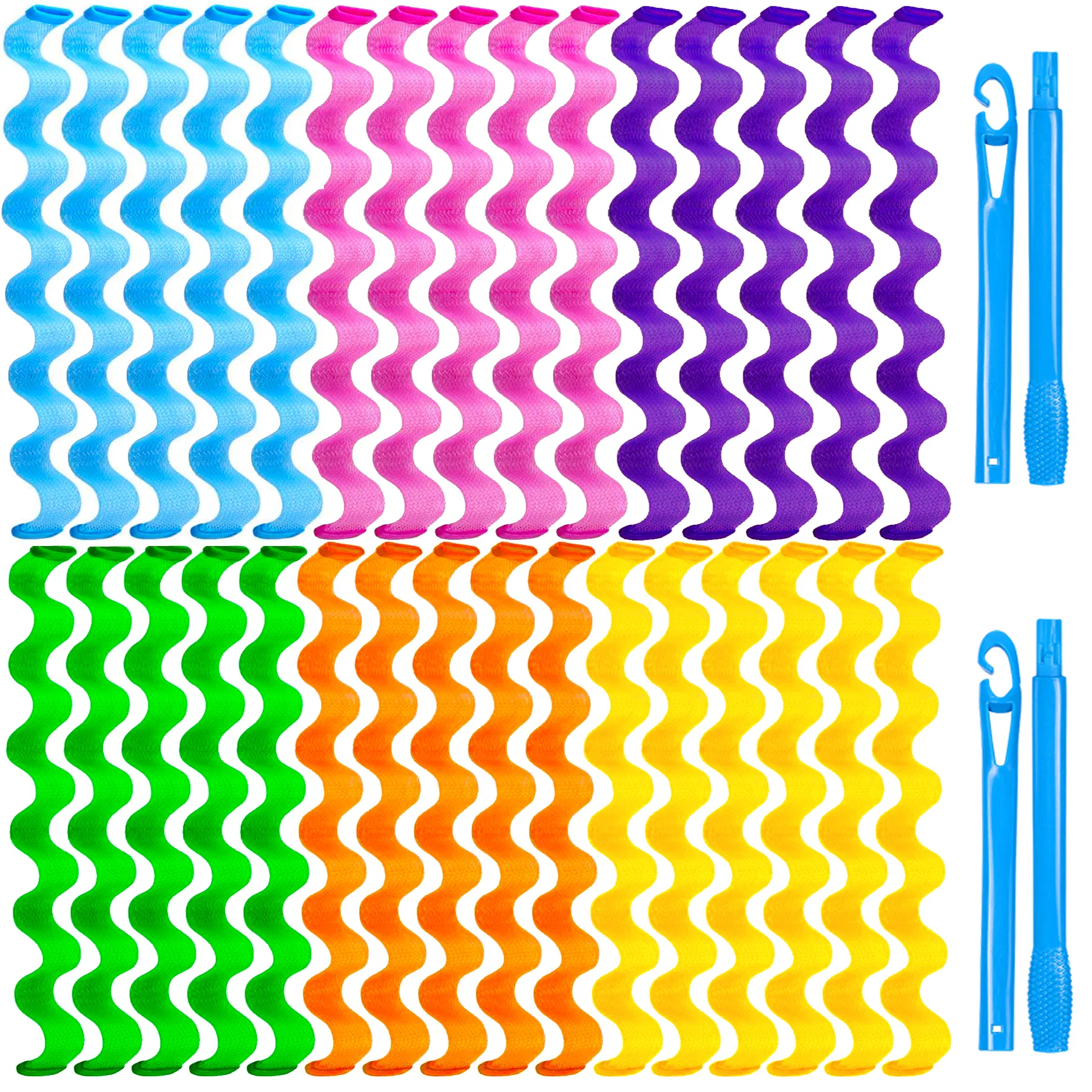 30 Pcs Heatless Hair Curlers Wave Curls Styling Kit With 2 Pcs Styling Hooks, No Heat Hair Curlers For Women Girls 6 Colors, 30 Cm 11.81 Inch