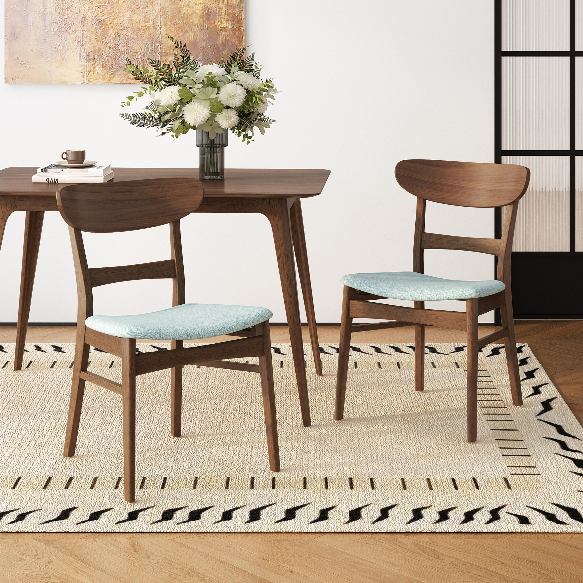 Set of 2 Dining Chairs - Upholstered Seat, Rubberwood Legs, Walnut+Mint (same sku: 58915.00MNT / N759P288145T)