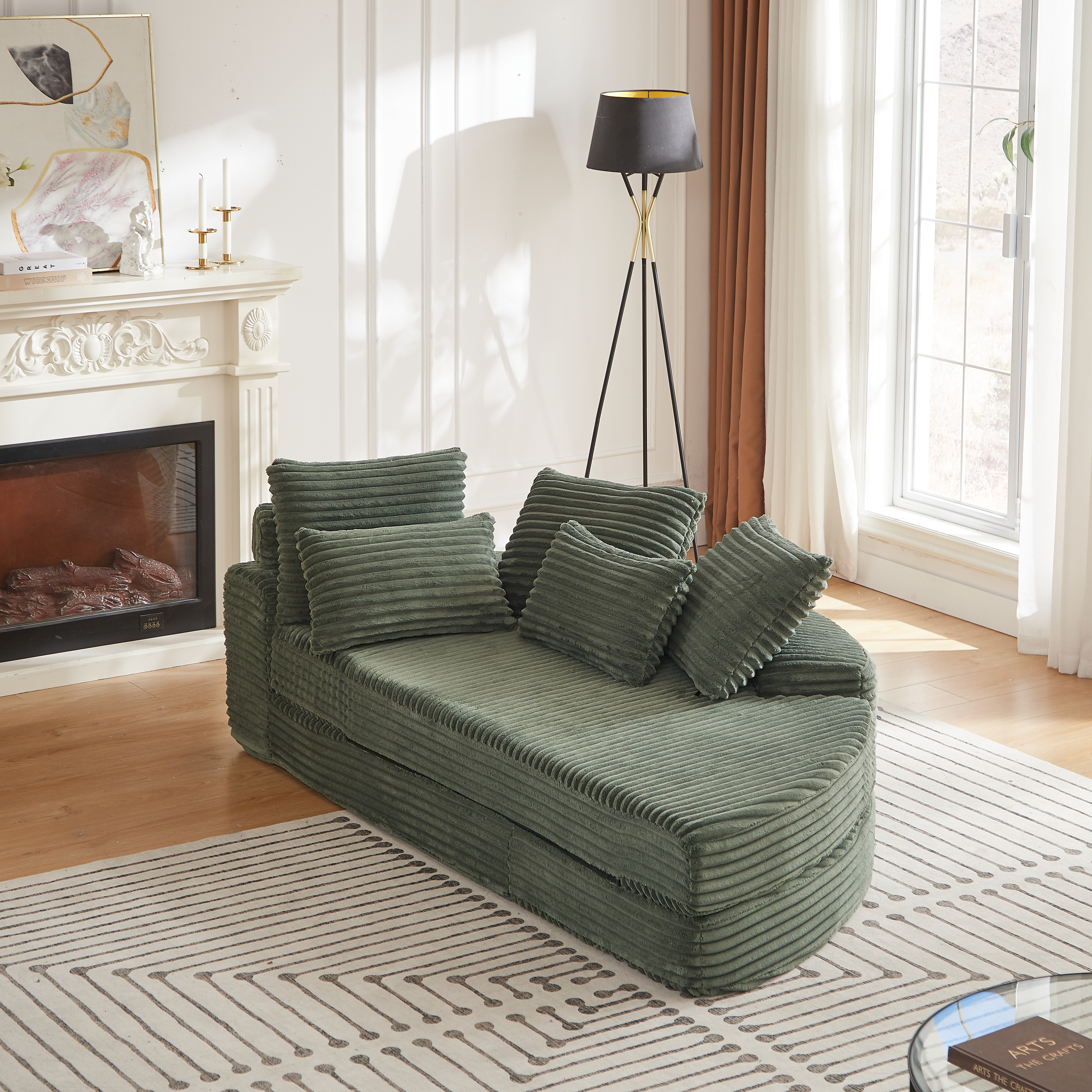 78.5-Inch Corduroy Semi-Circular 2-in-1 Sofa Bed, Designer Recliner With Neck Pillow And Five Throw Pillows In Living Room