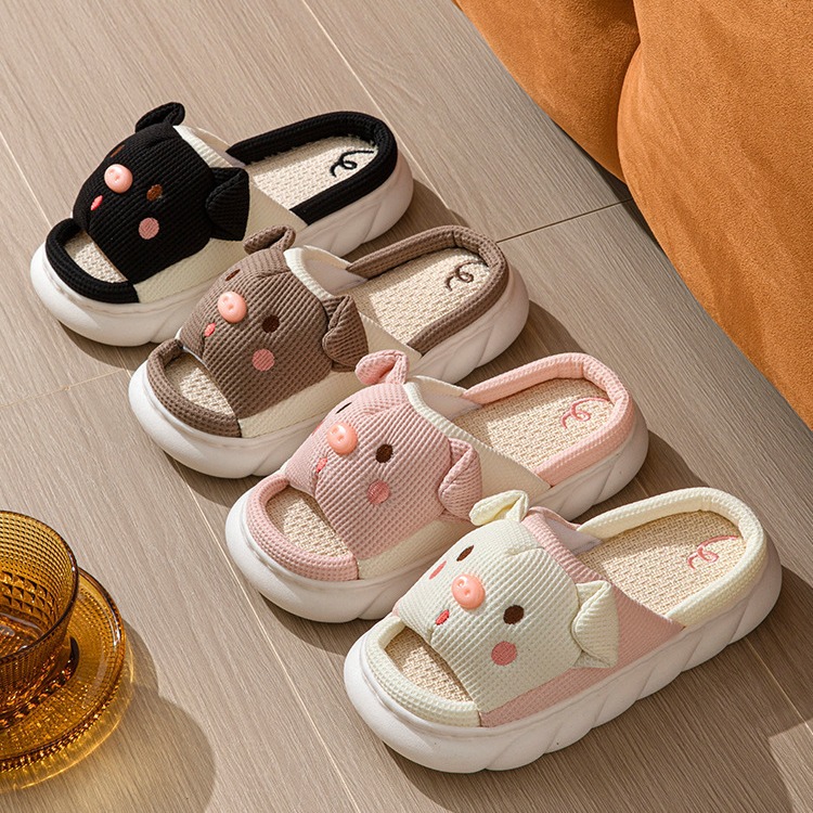 Pantuflas de lino de cerdito con punta abierta para el hogar, para parejas