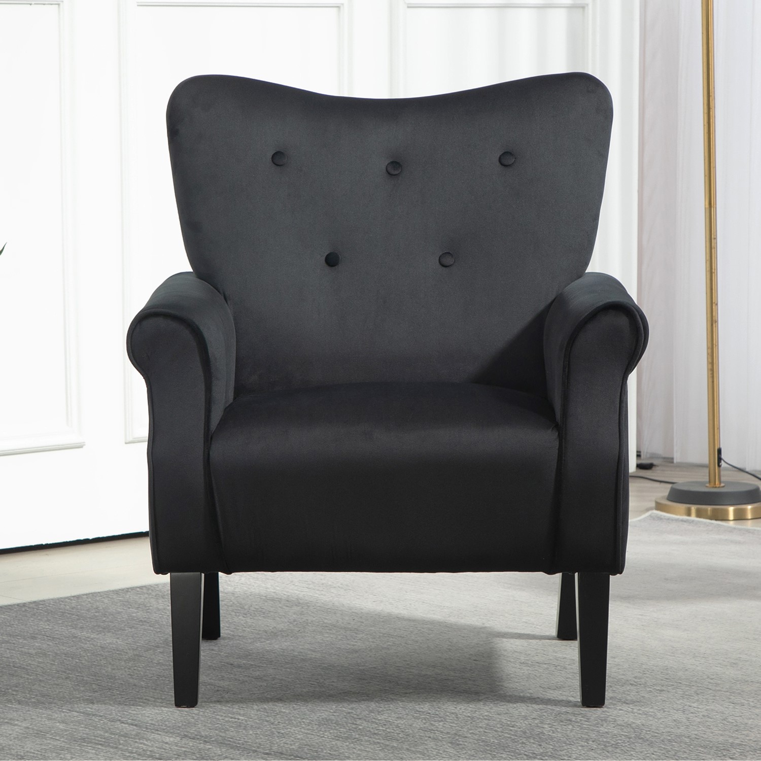 Mid-Century Modern Wingback Accent Chair, Upholstered Fabric Armchair With Sturdy Wood Legs, High-Back Padded Club Chair For Living Room Bedroom Office
