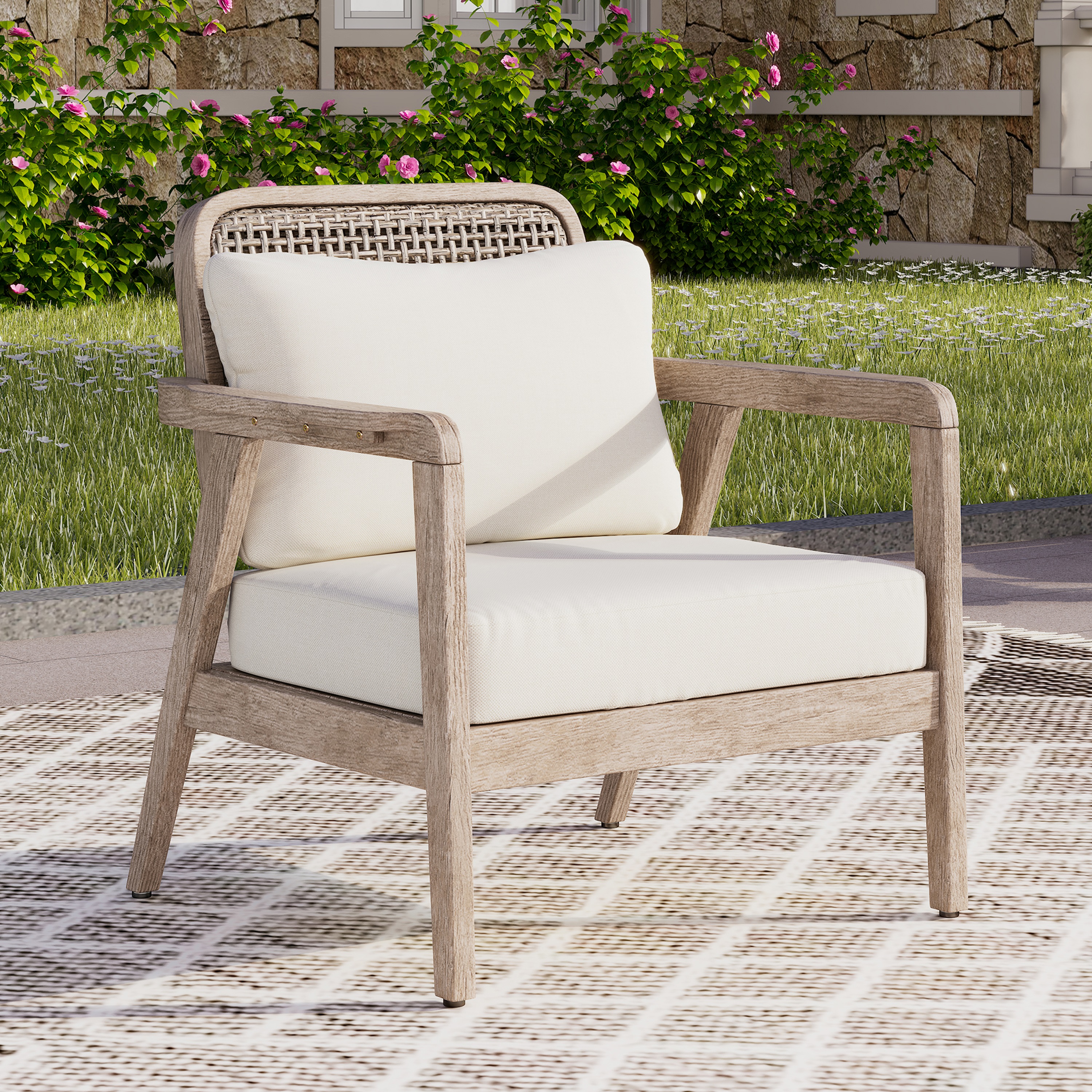 Outdoor Acacia Wood Patio Club Chair, Patio Furniture,Waterproof Thick Cushion Deep Seating For Porch, Garden, Backyard, Balcony, Weight Capacity 400lbs, Light Brown Finish, Cream Cushion