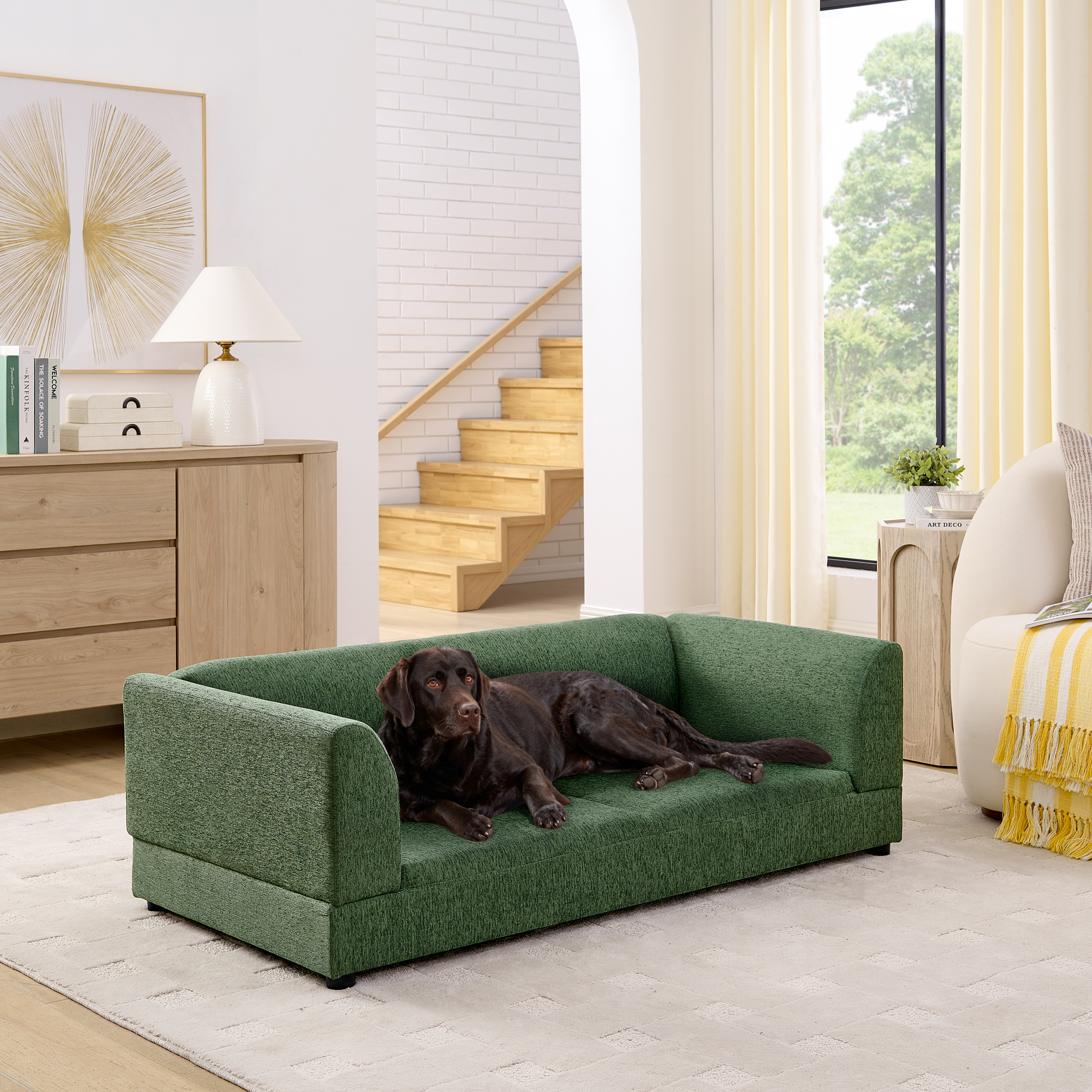 Comfortable Oversized Pet Sofa For Medium-Large Dogs  Modern Rectangular Design With Backrest, Armrests  Soft Cushion -OLIVE GREEN  56.5x26x17