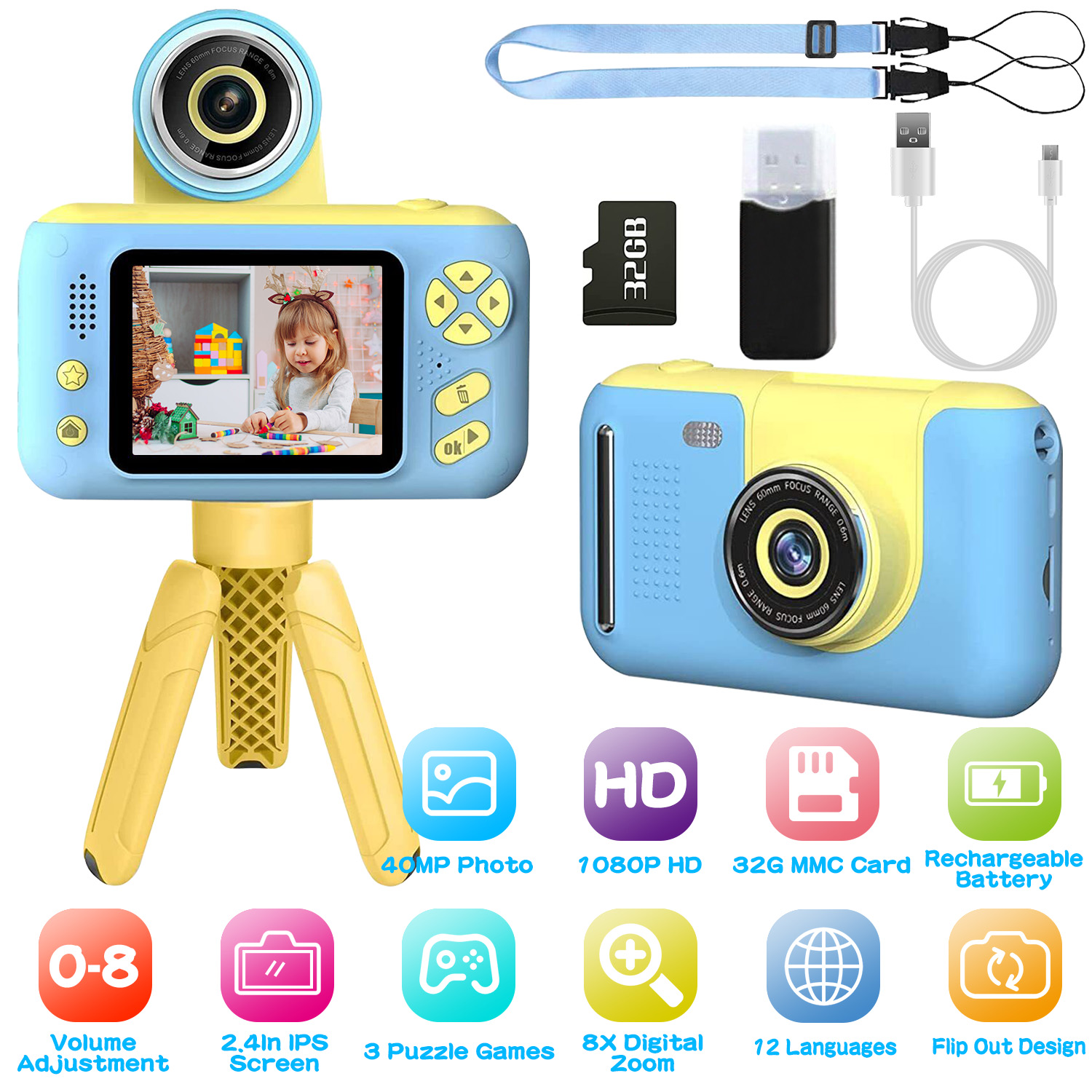 1Pc Kids Digital Camera With Flip Lens Children Video Camcorder Christmas Toy Birthday Gifts With Tripod 2.4in Screen 32G MMC Card For 3-10 Year Old Boys Girls