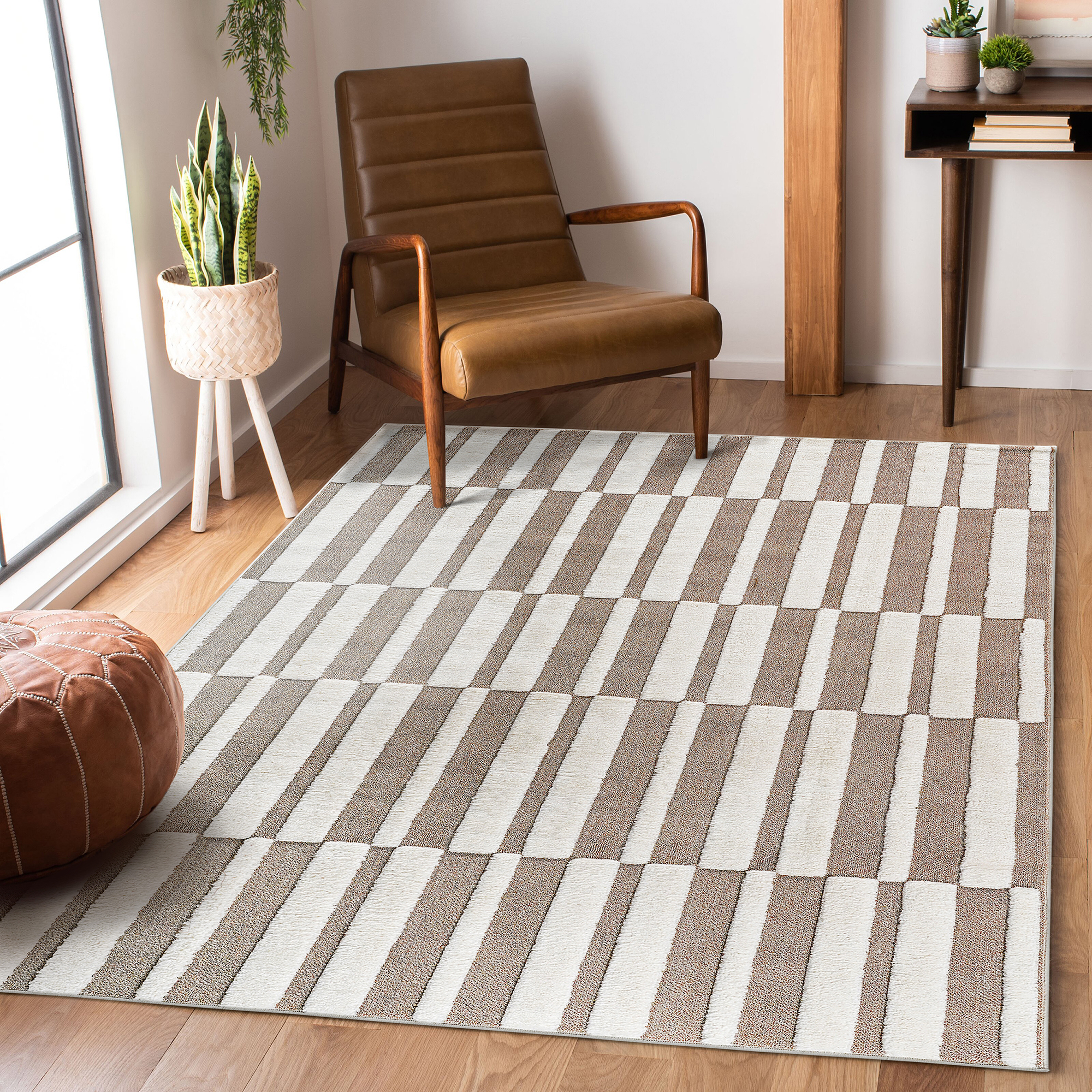 Step Collection High-Low Striped Beige Cream Indoor Area Rug, 7'9''x10', Modern, Contemporary, Geometric, Bohemian, Bedroom, Kitchen, Living Room, Non Shedding Carpet