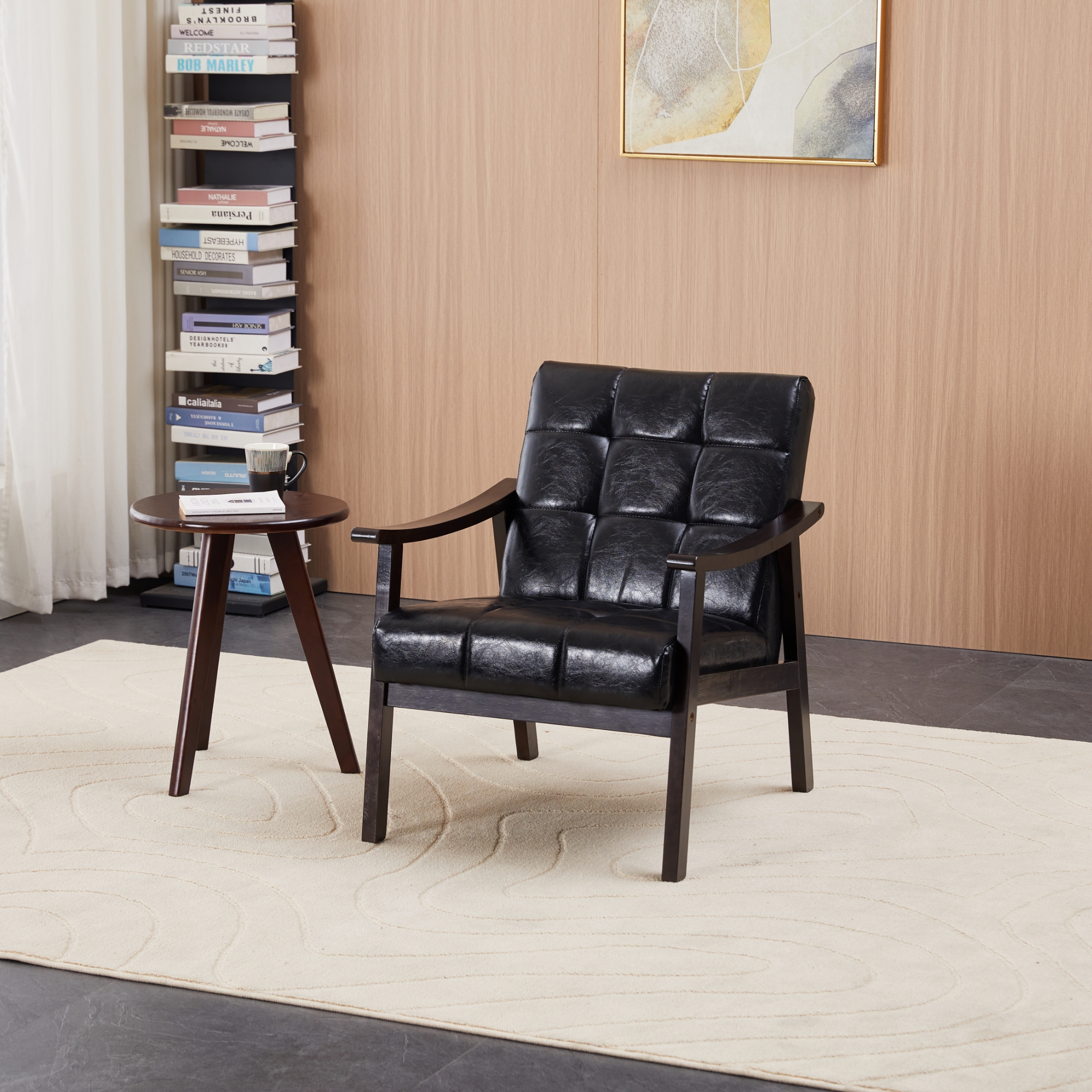 Sillón moderno de respaldo alto, tapizado, patas de madera maciza, negro antiguo