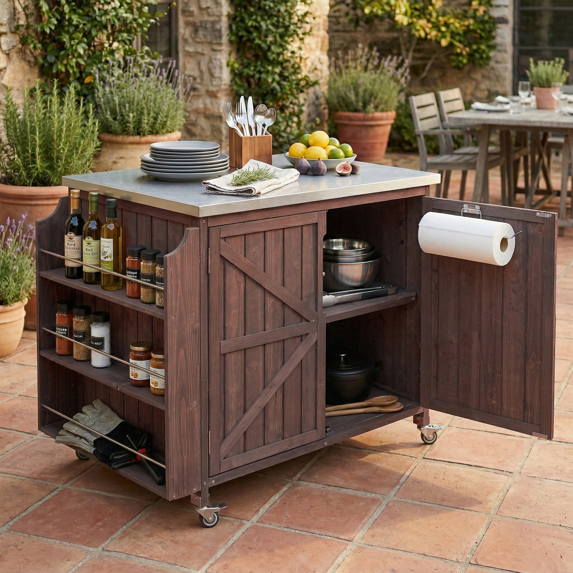 K&K 42.1  Outdoor Kitchen Island With Side Shelf, Outdoor Grill Cart With Storage Cabinet, Outdoor Kitchen Cabinet With Stainless Steel Top,  Adjustable Shelf And 4  Wheels For Pizza Prep, Dark Brown