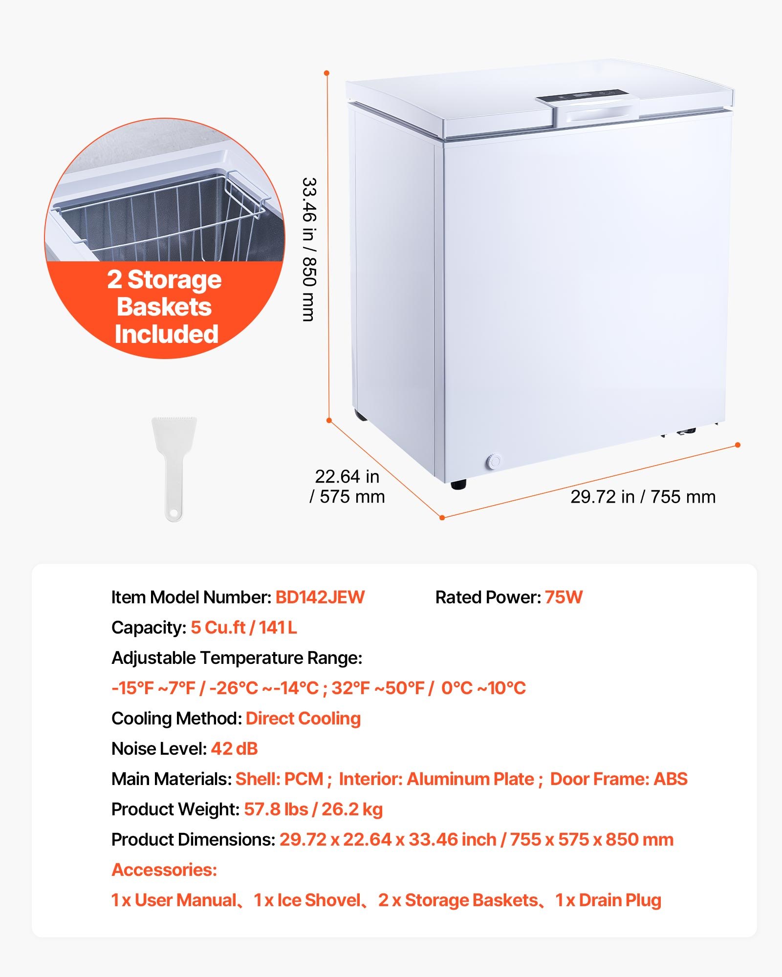 Chest Freezer, 5 Cu.ft Compact Deep Freezer, Free Standing Top Open Door Chest Freezers With 2 Removable Baskets & Adjustable Thermostat - Energy Saving, Low Noise & Garage Ready, White