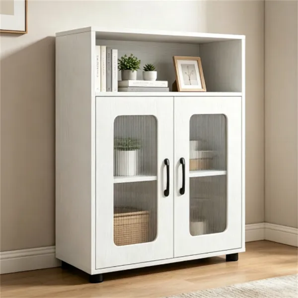 White Modern Engineered Wood Bathroom Cabinet With Open Compartment, Anti-Toppling Tall Storage Cabinet With Magnetic Door Catch For Living Room Entryway