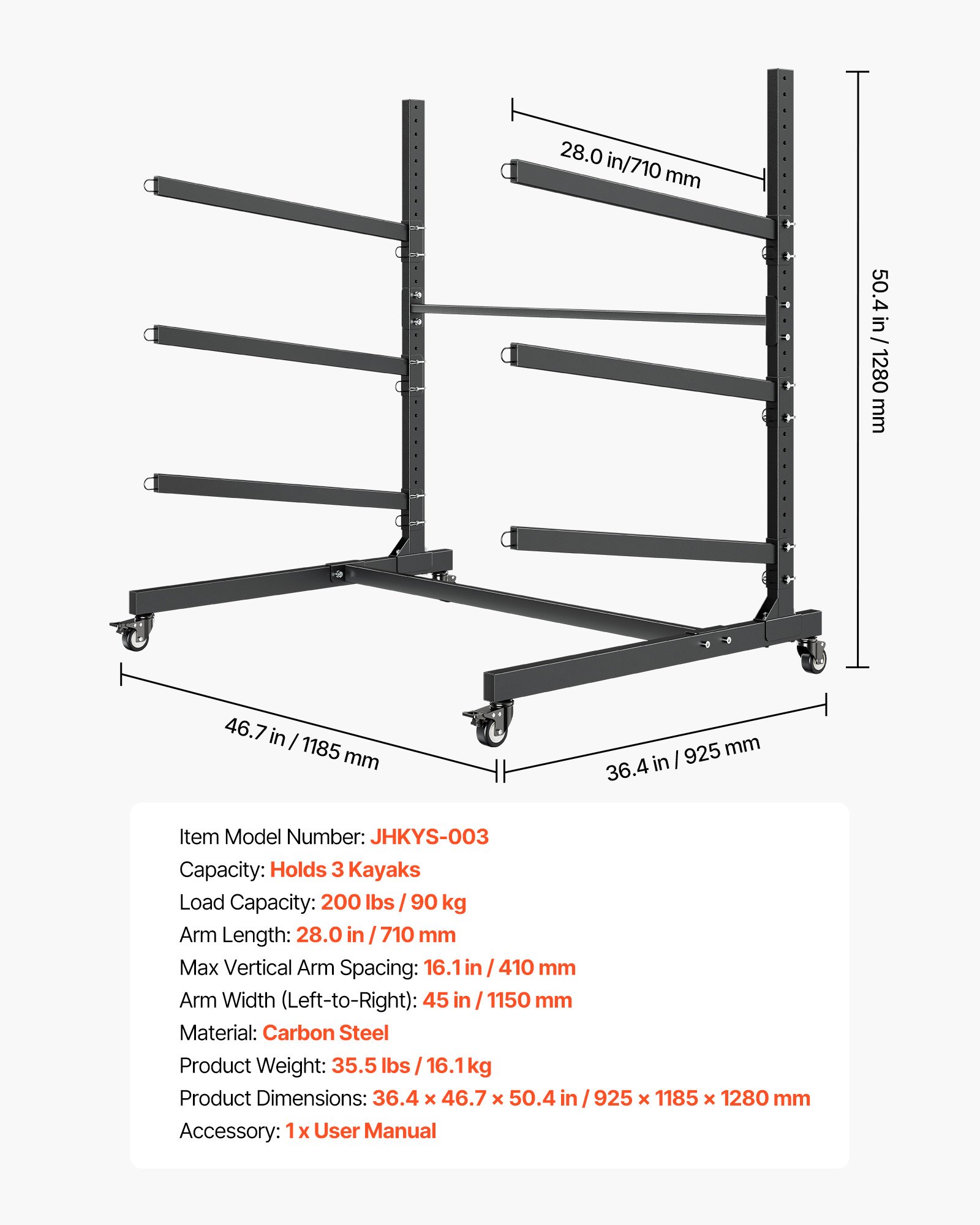 Kayak Storage Rack For 3 Kayaks, Holds 200 Lbs, Heavy Duty Adjustable Freestanding Stand With Lockable Wheels For Indoor Outdoor Garage Shed Dock, Holder For Canoe, SUP, Surfboard & Paddleboard