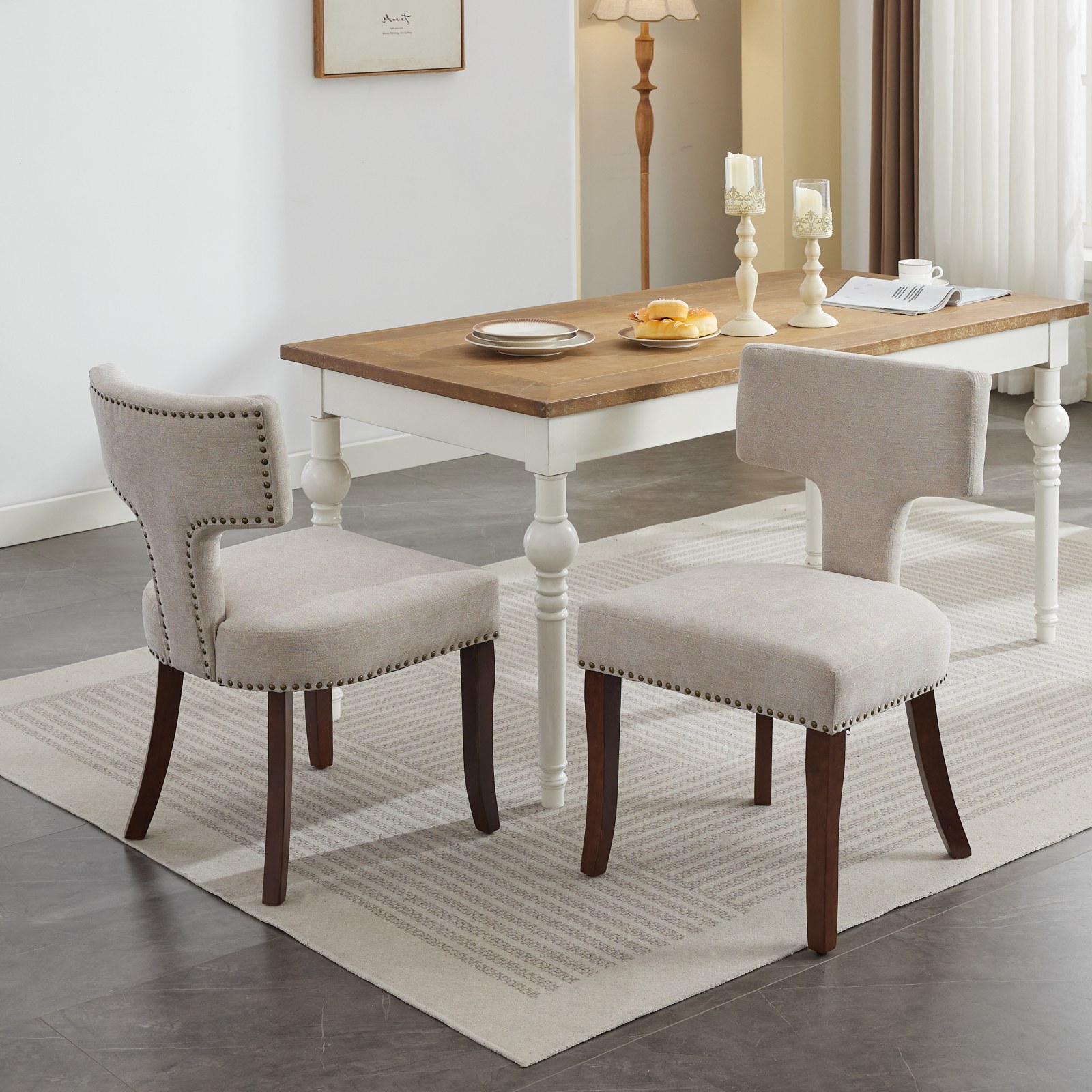 Juego de 2 sillas de comedor modernas, tapizadas en lino, respaldo curvo, beige